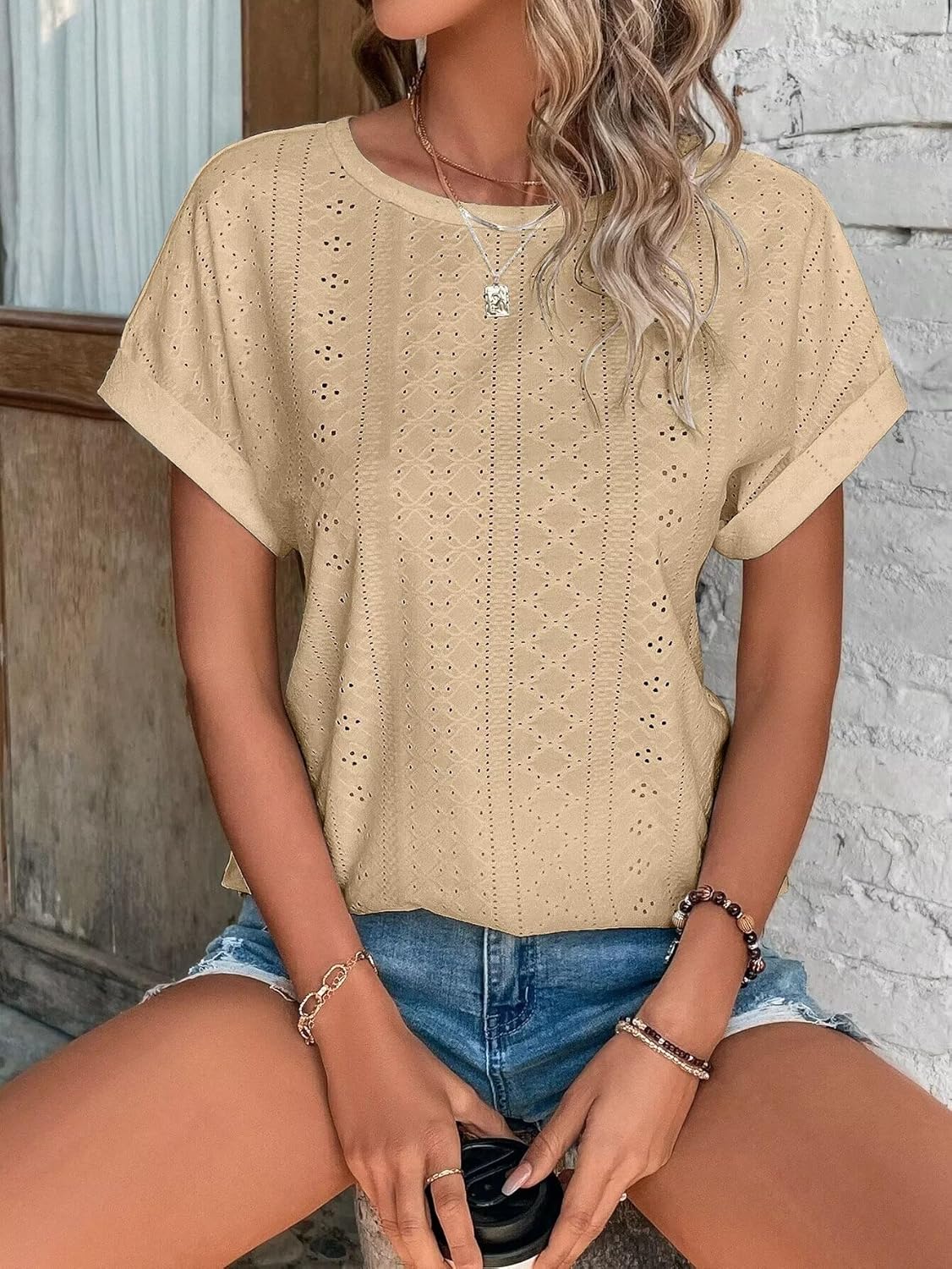 Womens Tops Eyelet Embroidery Summer Spring Curved Hem Short Sleeve Trendy T Shirts