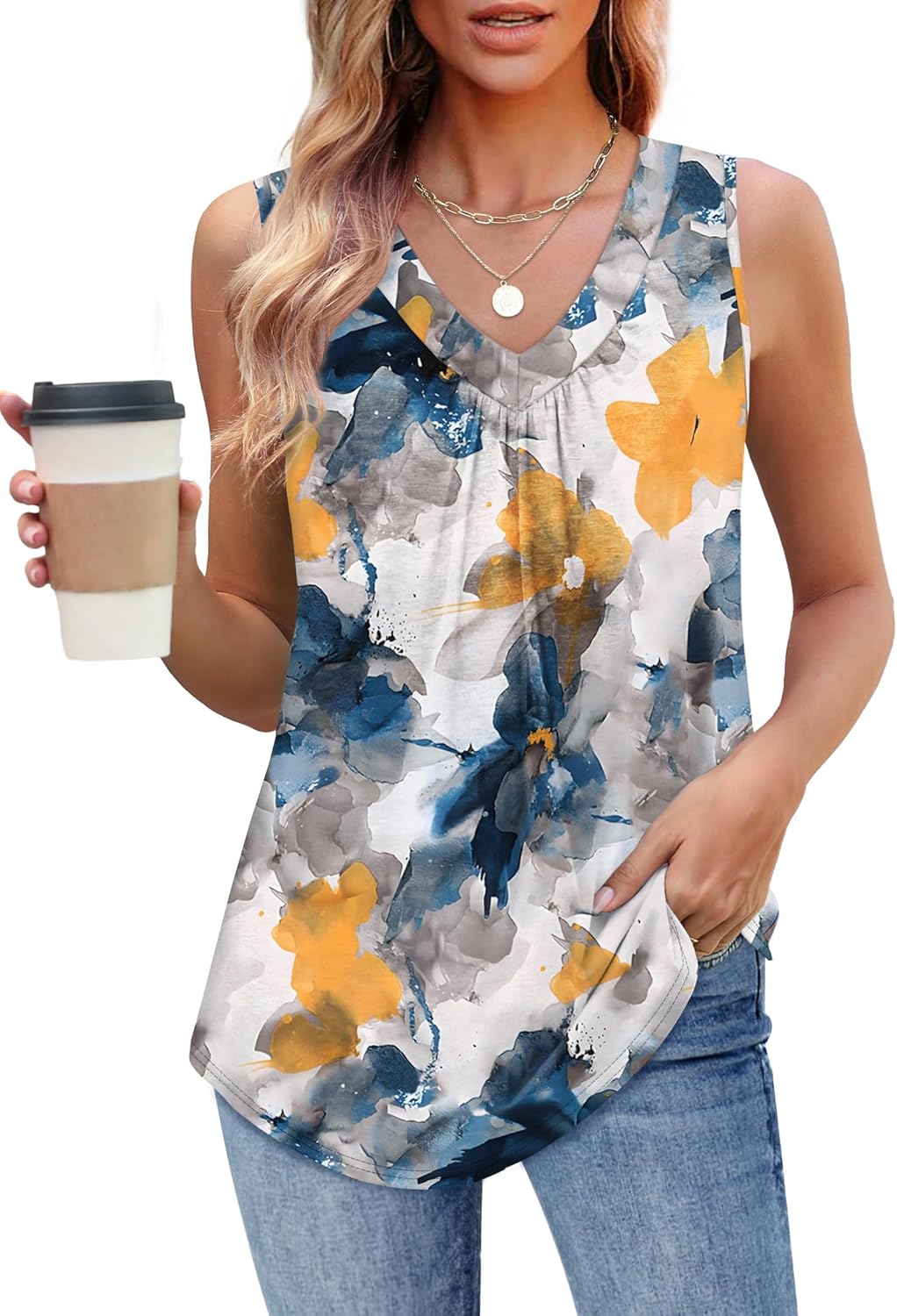 Womens V Neck Tank Top Loose Fit Sleeveless Summer Shirt Ruched Tees and Tanks with Curved Hem
