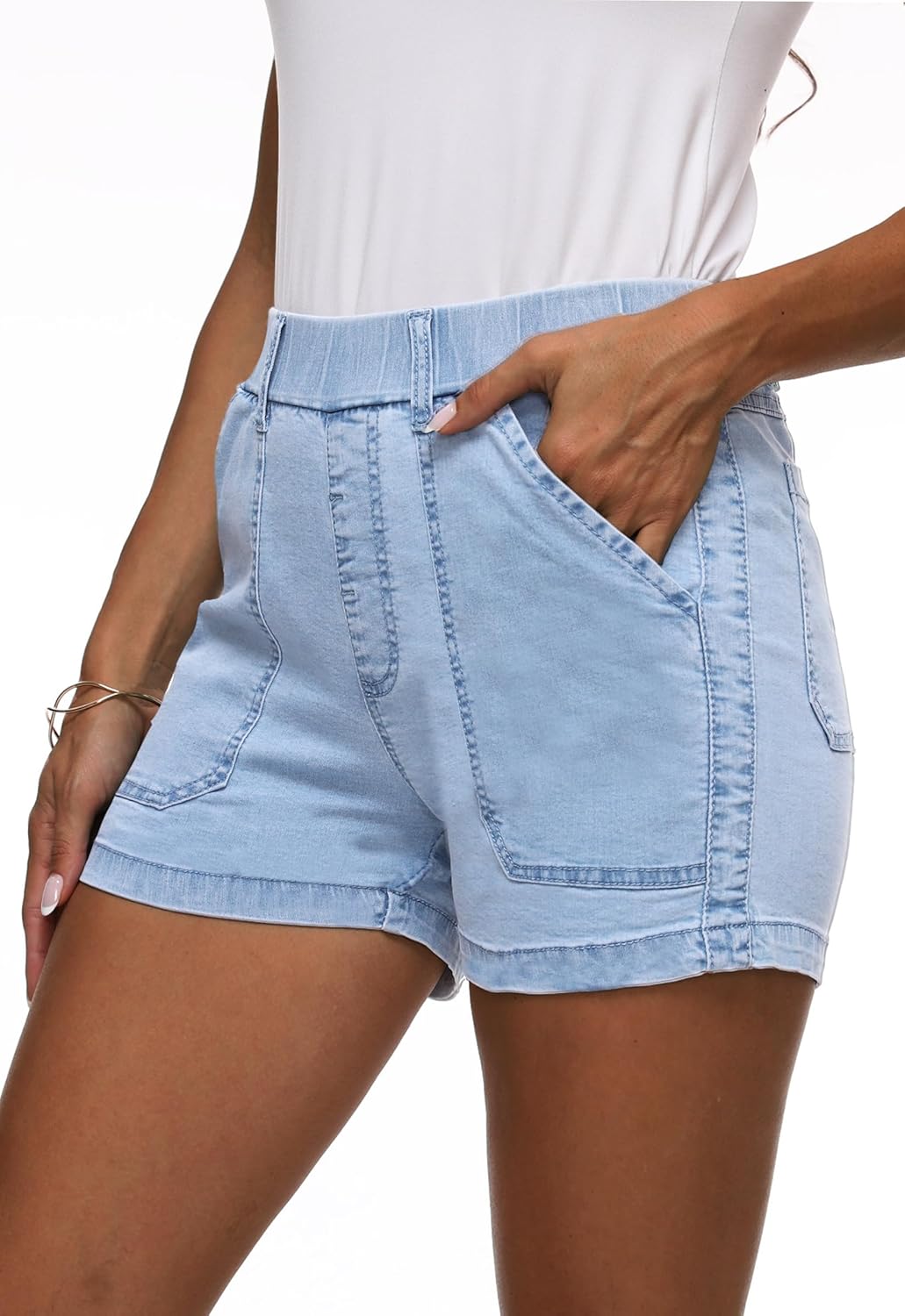 Womens Jean Shorts High Waisted Summer Cotton Elastic Waist Denim Shorts with Pockets