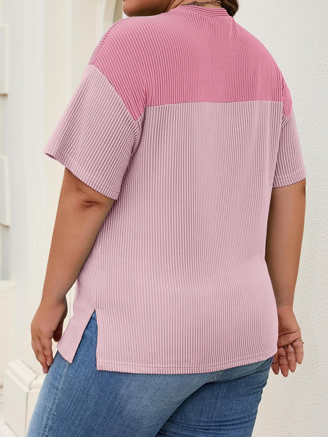 Womens Plus Size Short Sleeve Color Block Pullover Tunic Tops