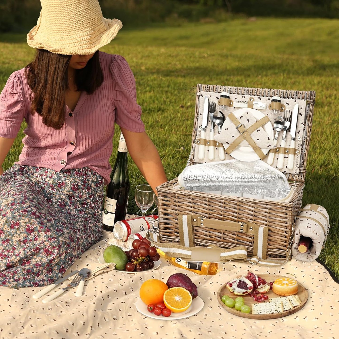 19Pcs Picnic Basket for 2 with Blanket