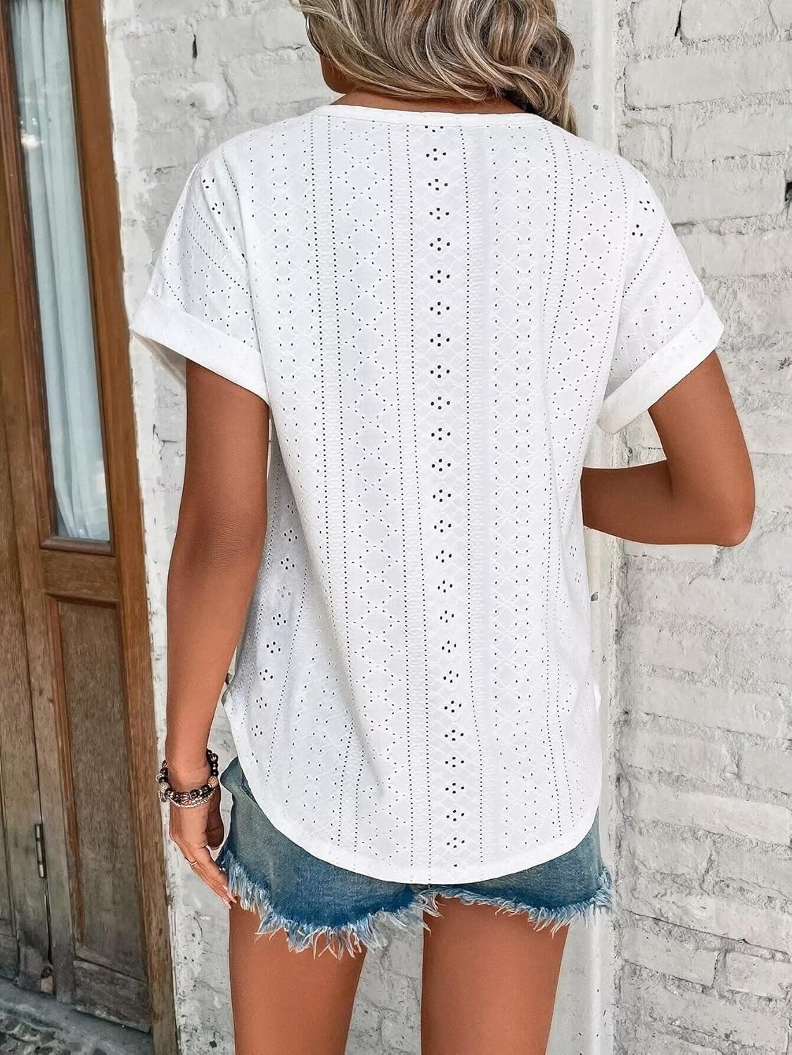 Womens Tops Eyelet Embroidery Summer Spring Curved Hem Short Sleeve Trendy T Shirts