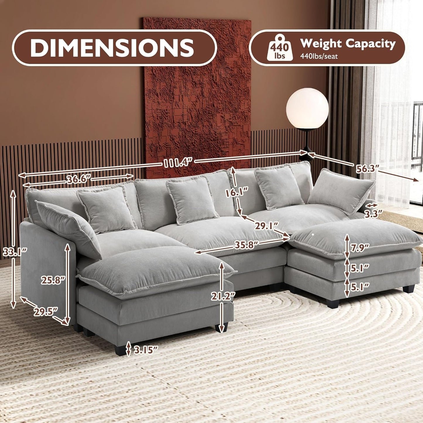 146" U-Shaped Modern Sofa Modular Sectional Cloud Couch