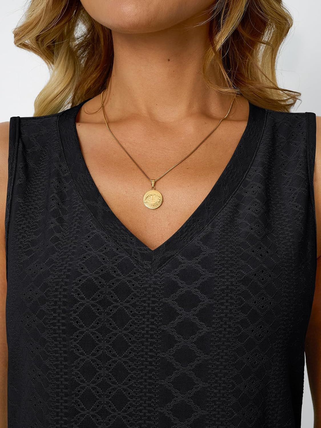 Womens Summer Tank Top Eyelet Embroidery V Neck Sleeveless Loose Fit Casual Shirt