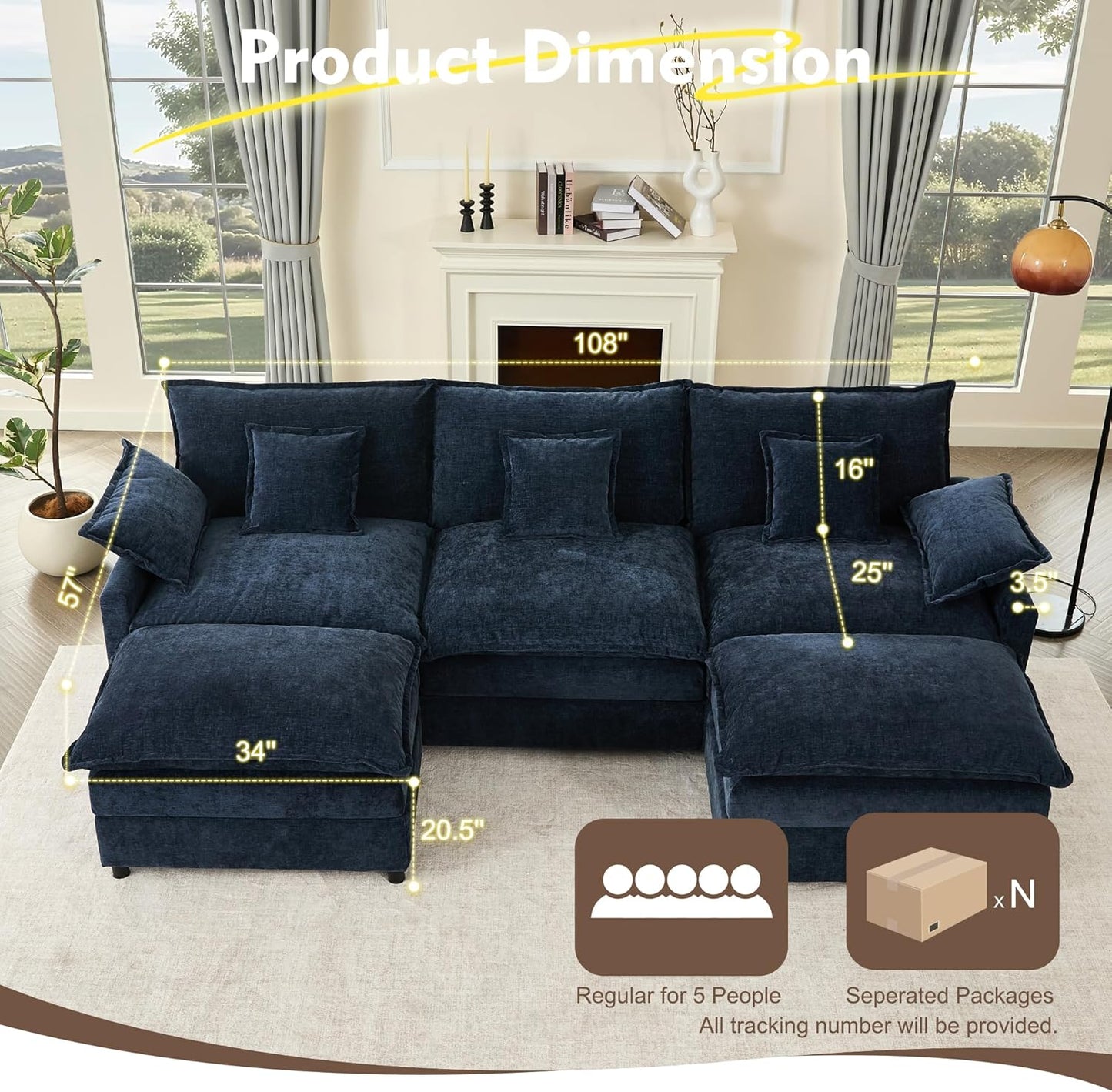 108" U Shaped Couch Modular Sectional Sofa
