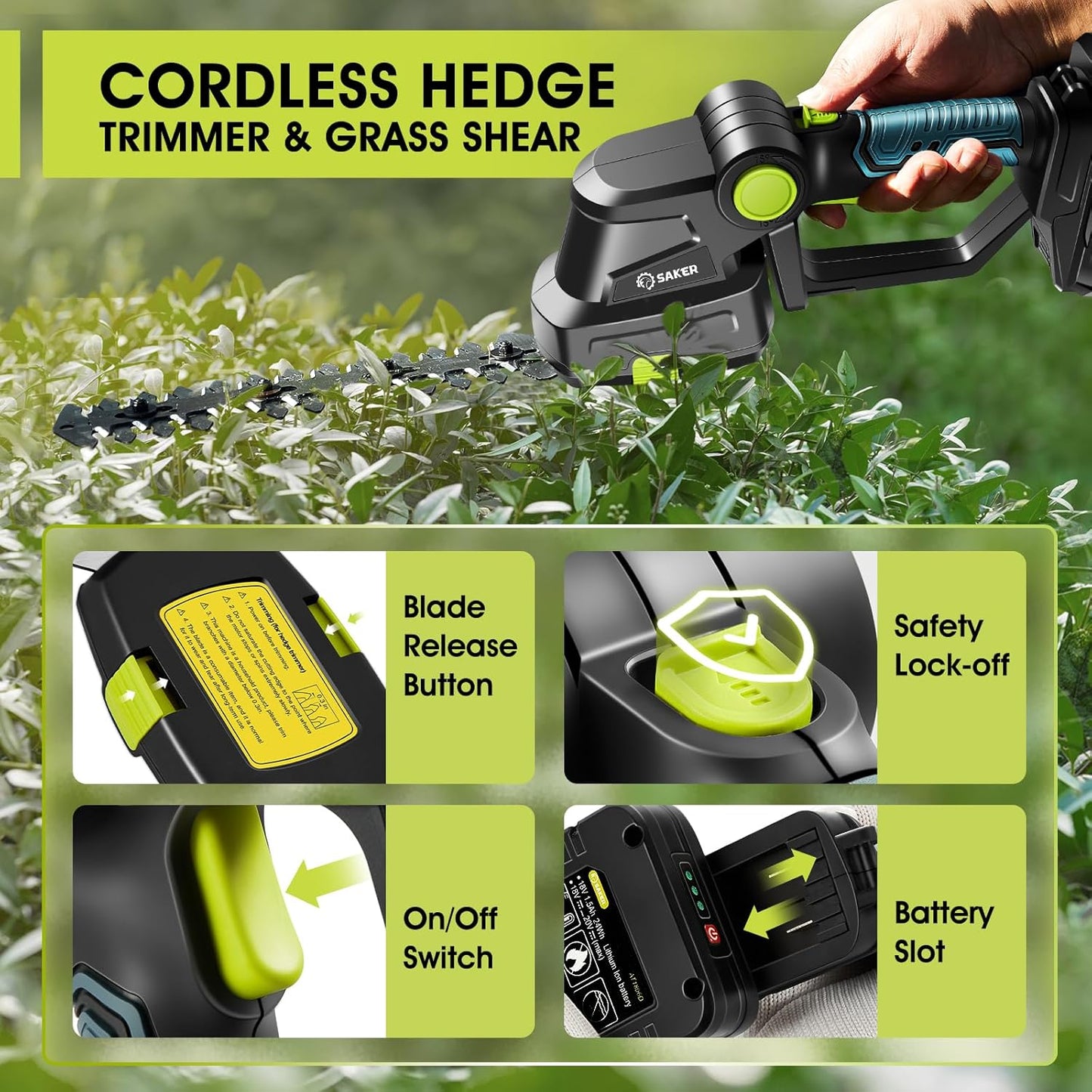 Saker Cordless Hedge Trimmer Electric Shrub Trimmer Grass Shears Handheld Grass Cutter
