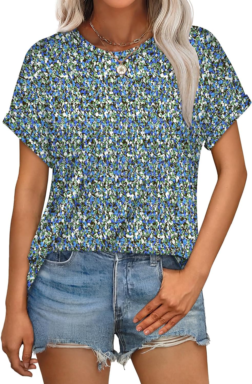 Womens T Shirts Crew Neck Rolled Short Sleeve Basic Summer Tees Curved Hem