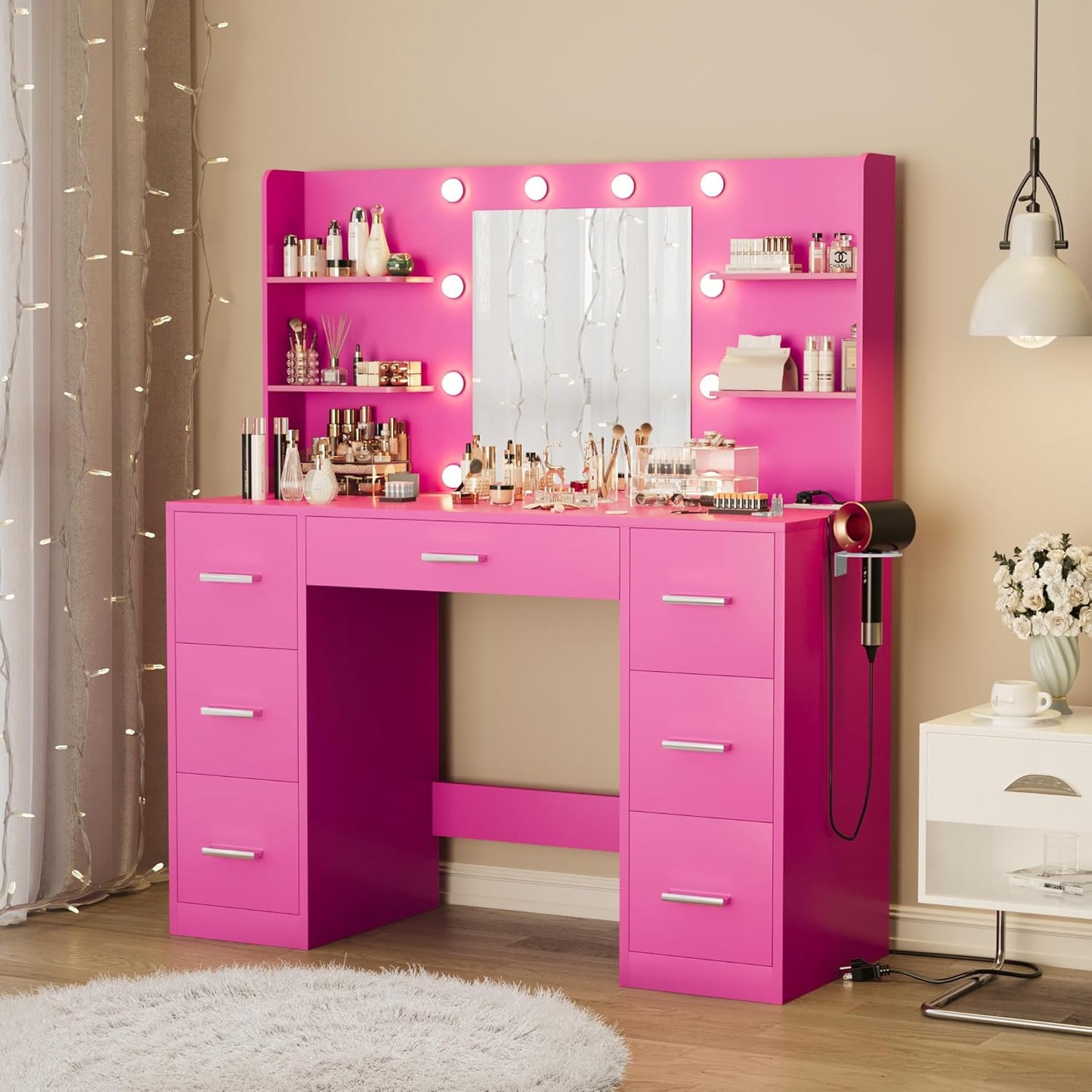 Furmax Vanity Desk with Mirror LED Lights and Power Outlet Makeup Vanity Table