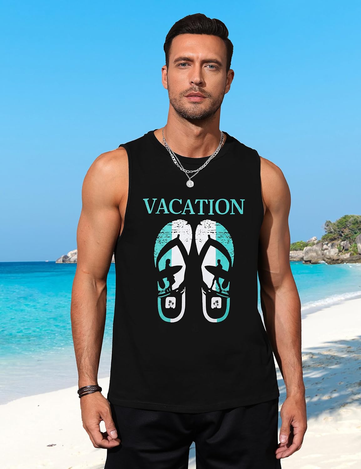 Mens Tank Tops Beach Summer Sleeveless Shirts Graphic Palm Tree Vacation