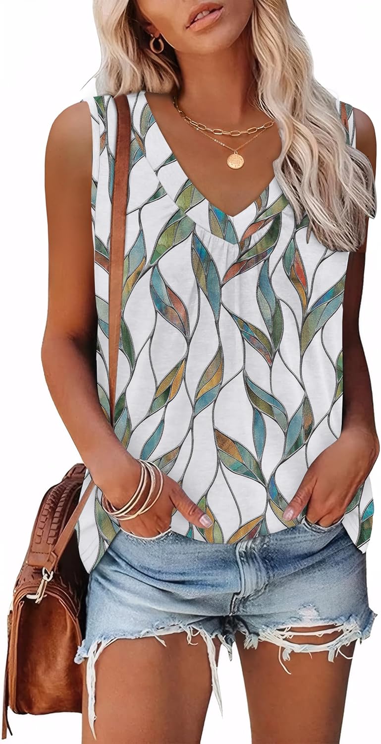 Womens V Neck Tank Top Loose Fit Sleeveless Summer Shirt Ruched Tees and Tanks with Curved Hem