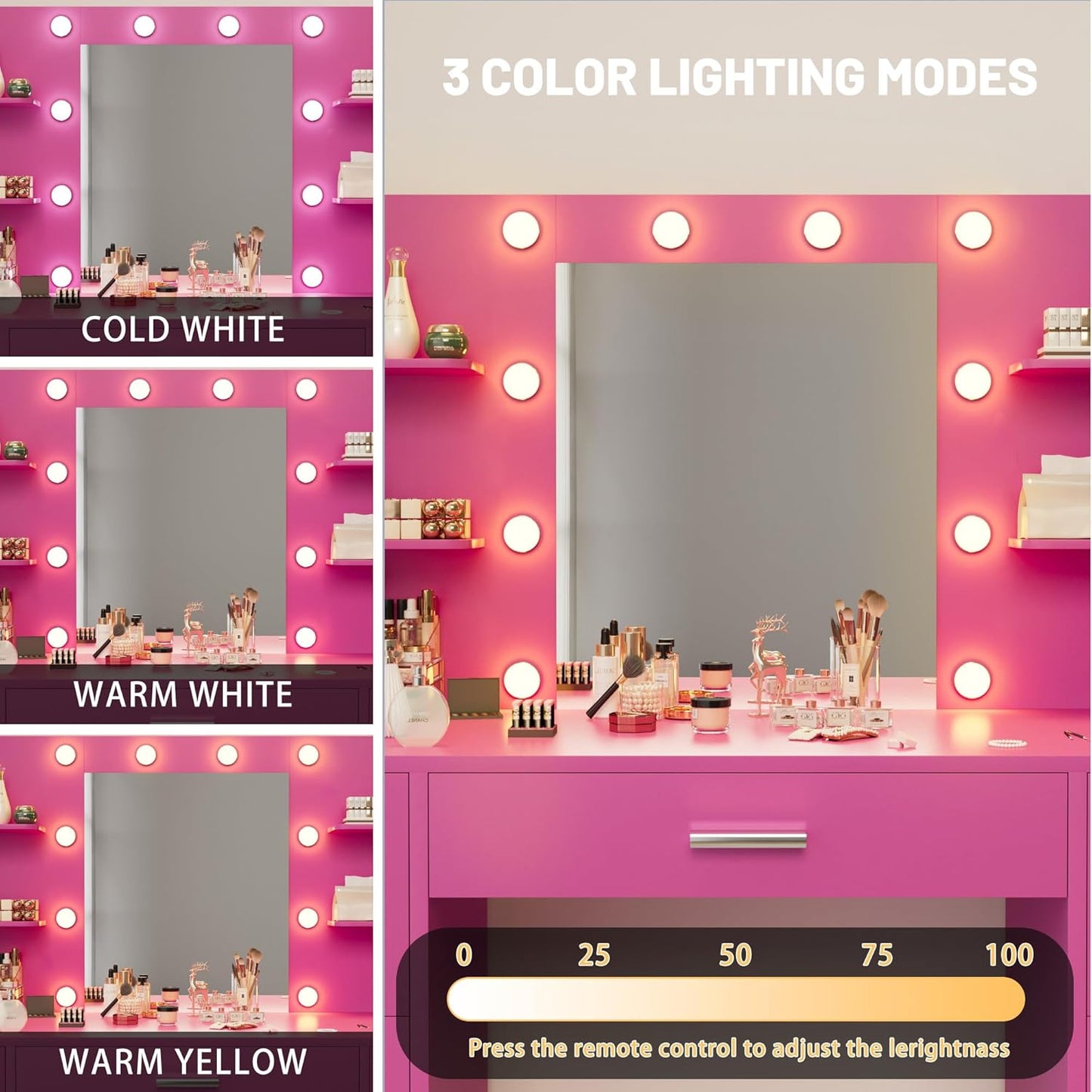 Furmax Vanity Desk with Mirror LED Lights and Power Outlet Makeup Vanity Table