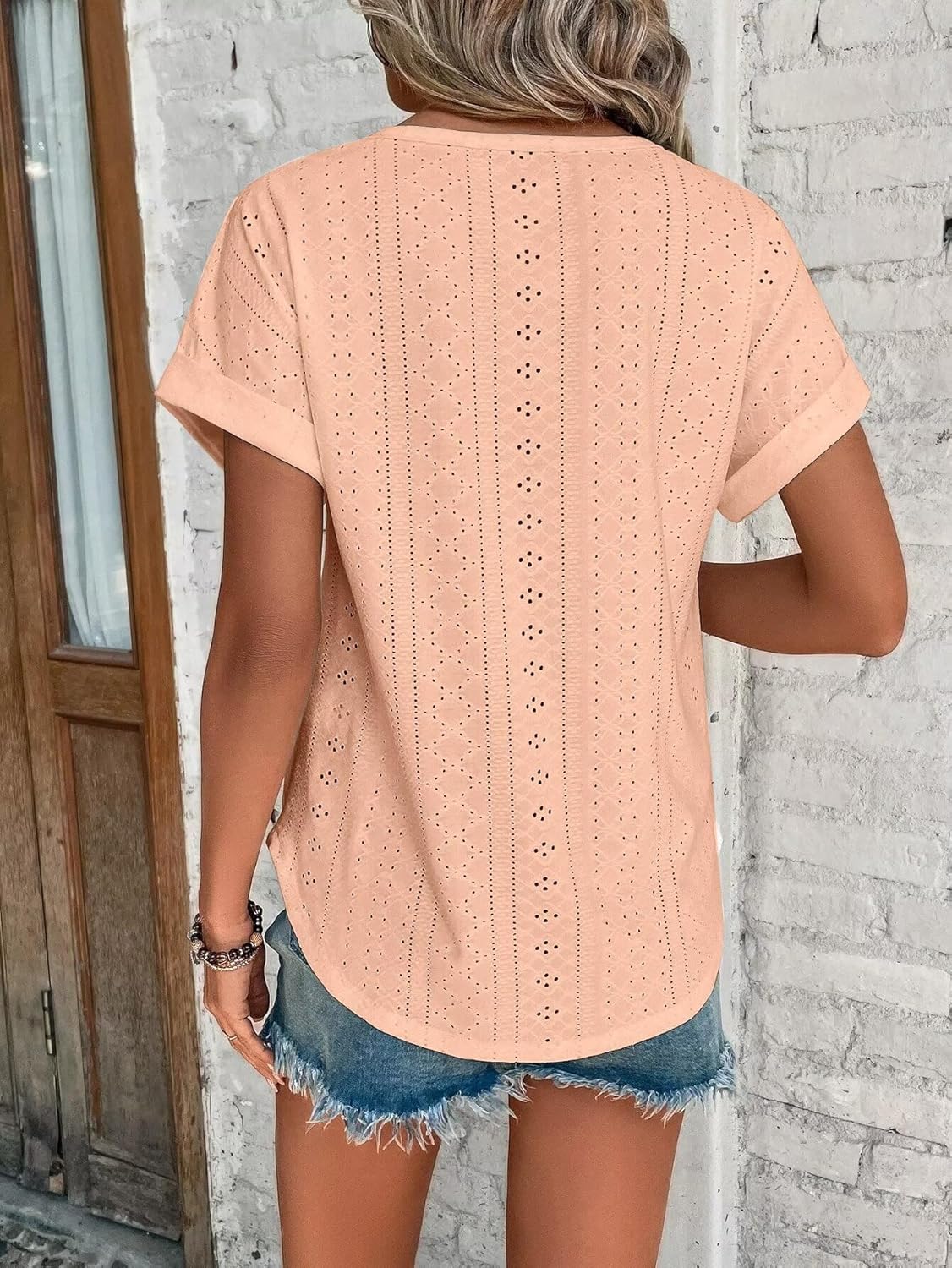 Womens Tops Eyelet Embroidery Summer Spring Curved Hem Short Sleeve Trendy T Shirts