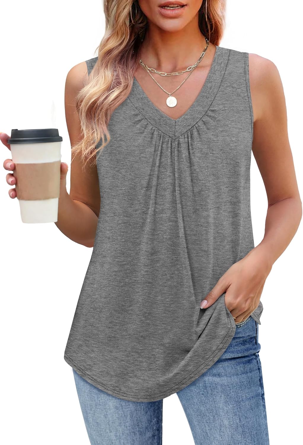 Womens V Neck Tank Top Loose Fit Sleeveless Summer Shirt Ruched Tees and Tanks with Curved Hem