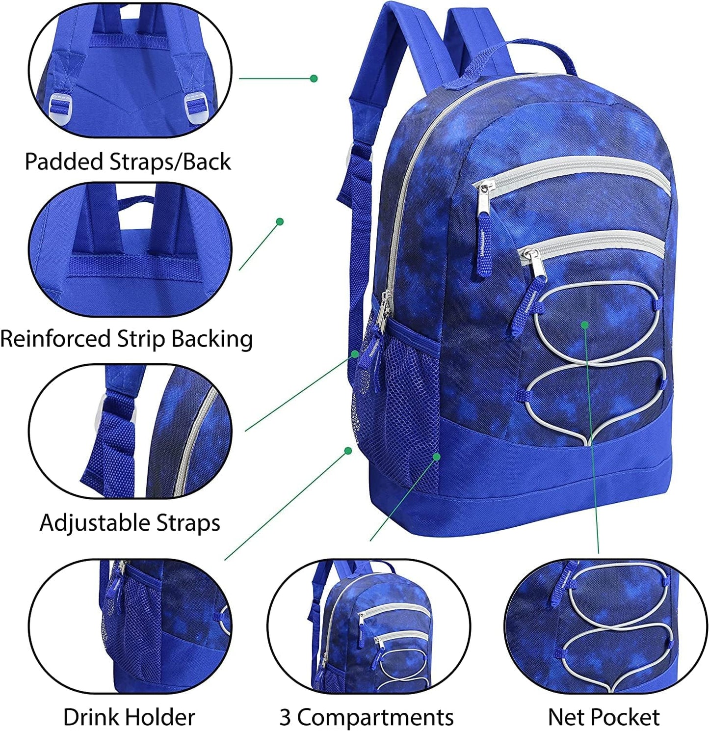 24 Pack 17 Inch Kids Backpacks in 20 Assorted Colors and Prints