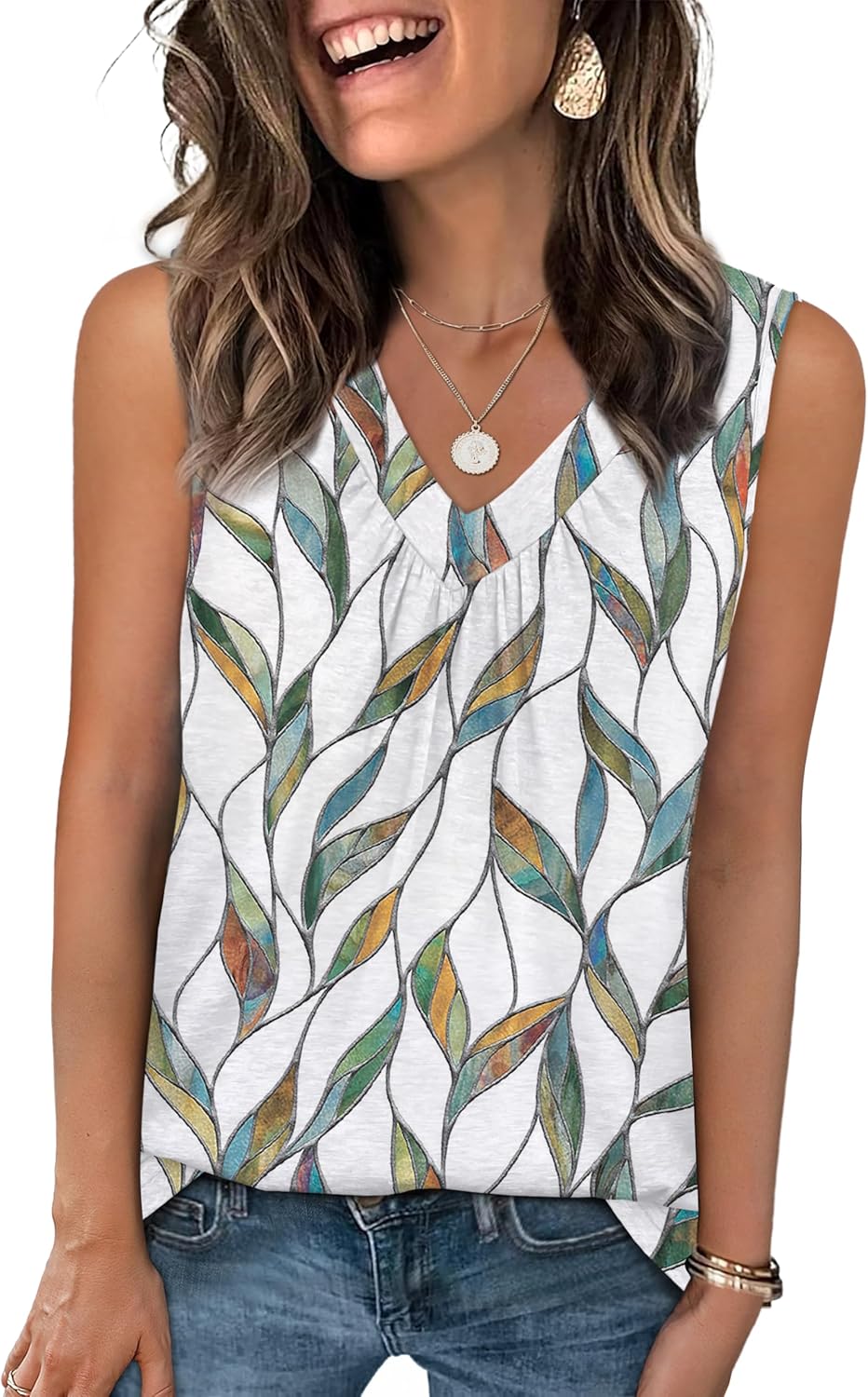 Womens V Neck Tank Top Loose Fit Sleeveless Summer Shirt Ruched Tees and Tanks with Curved Hem
