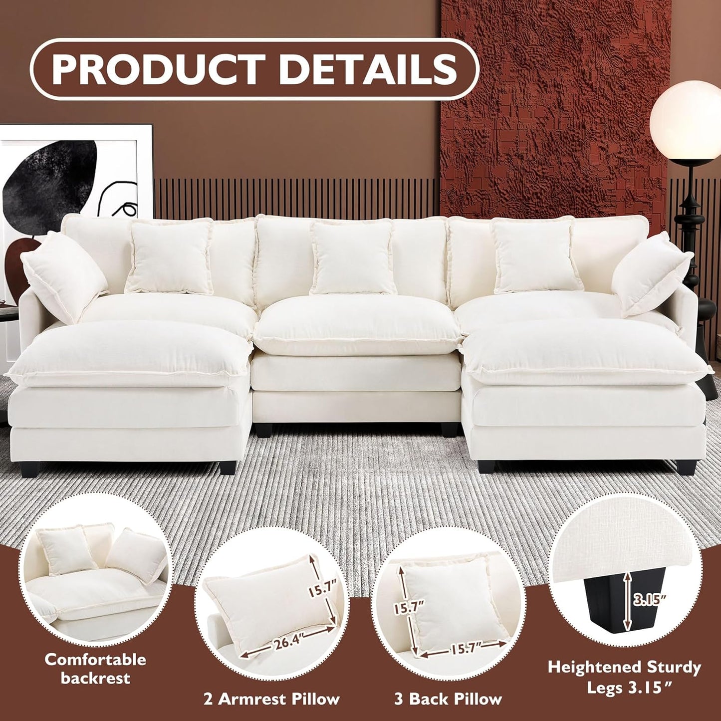146" U-Shaped Modern Sofa Modular Sectional Cloud Couch