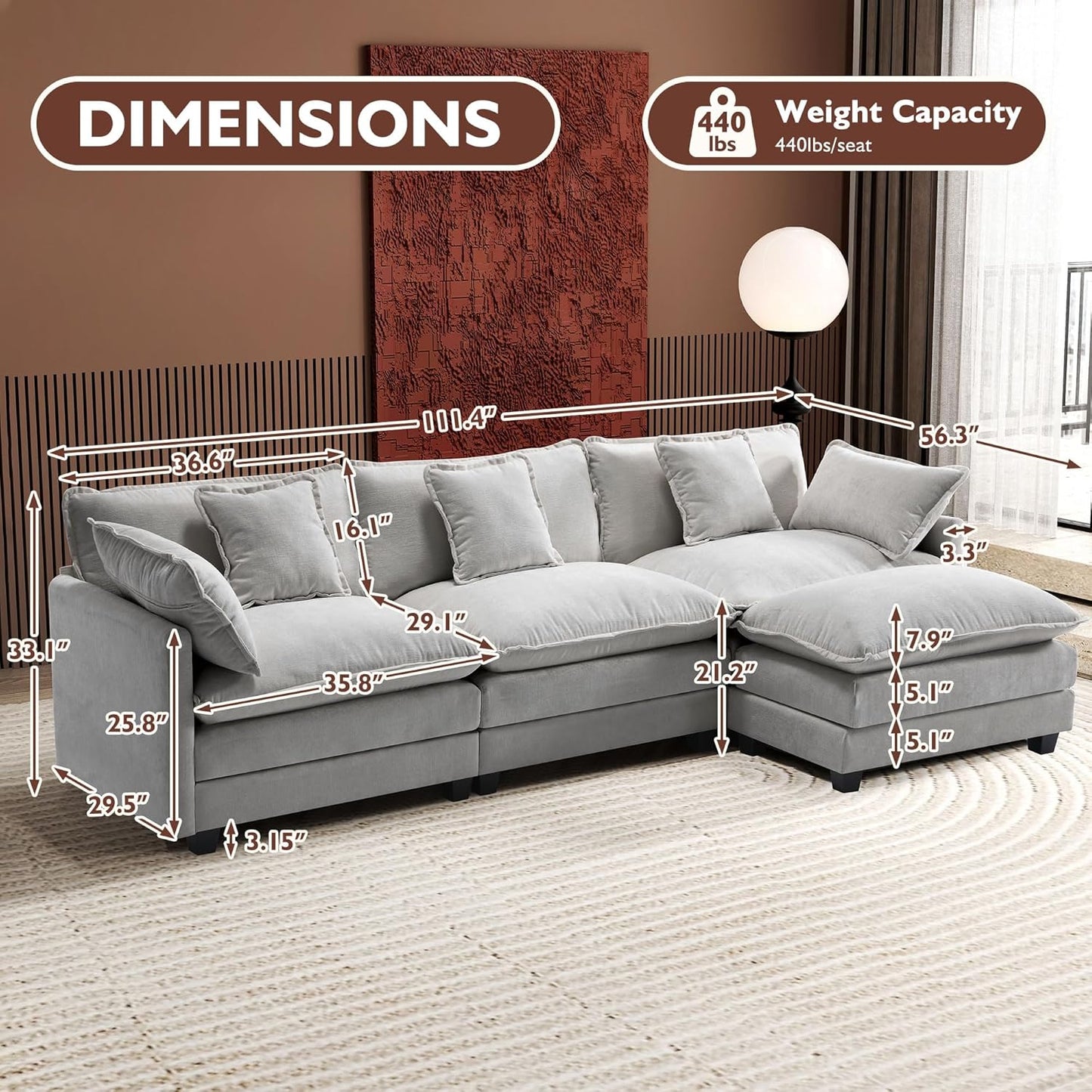 146" U-Shaped Modern Sofa Modular Sectional Cloud Couch