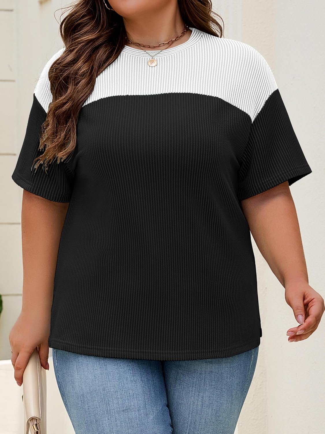 Womens Plus Size Short Sleeve Color Block Pullover Tunic Tops