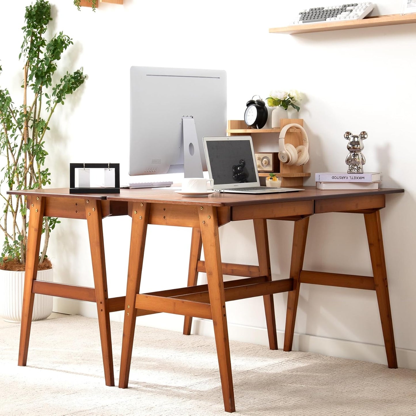 Writing Computer Desk 46" Bamboo Home Office Table with 2 Drawers