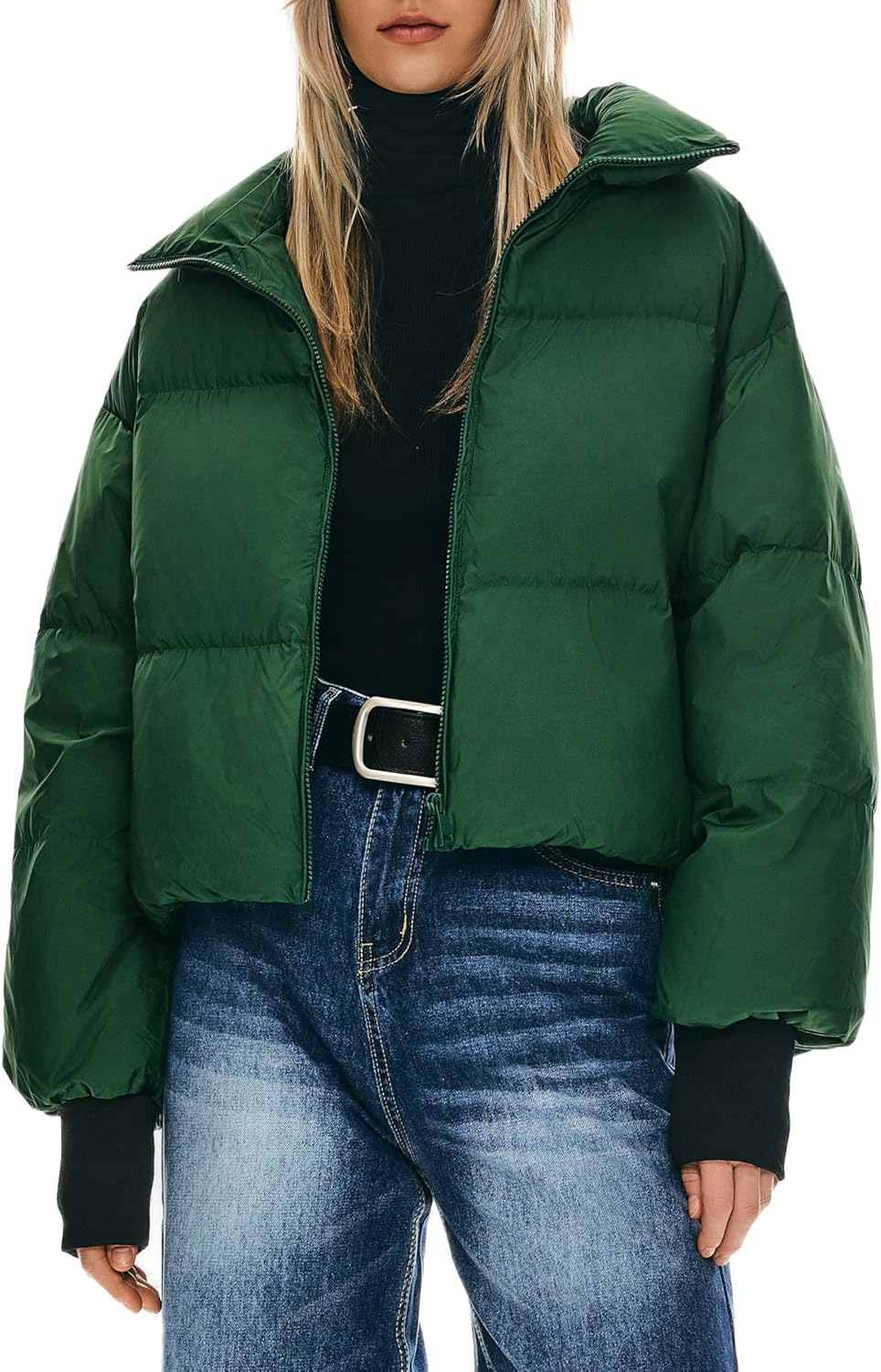Womens Winter Oversized Cropped Puffer Jacket Zip Up Short Down Coat