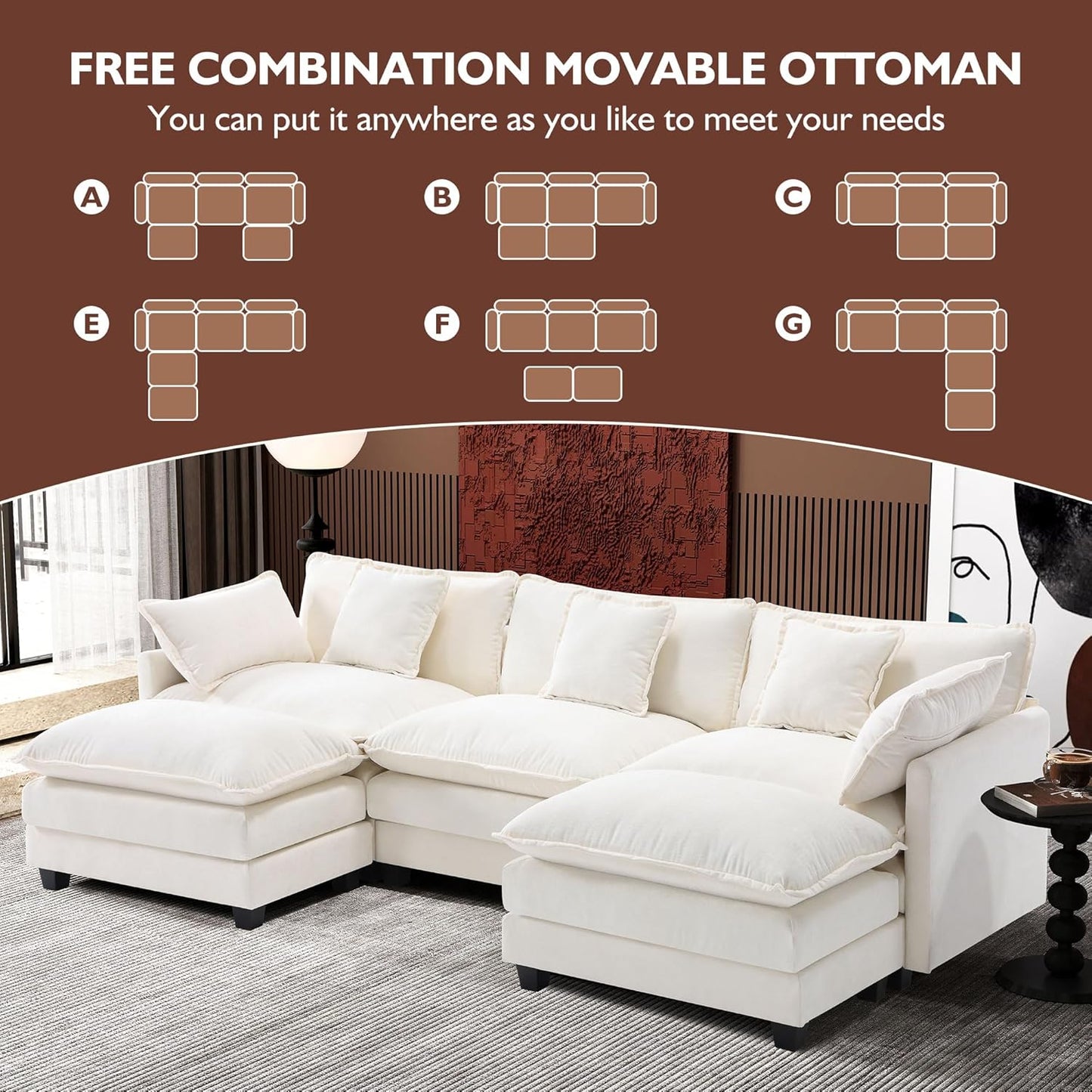 146" U-Shaped Modern Sofa Modular Sectional Cloud Couch