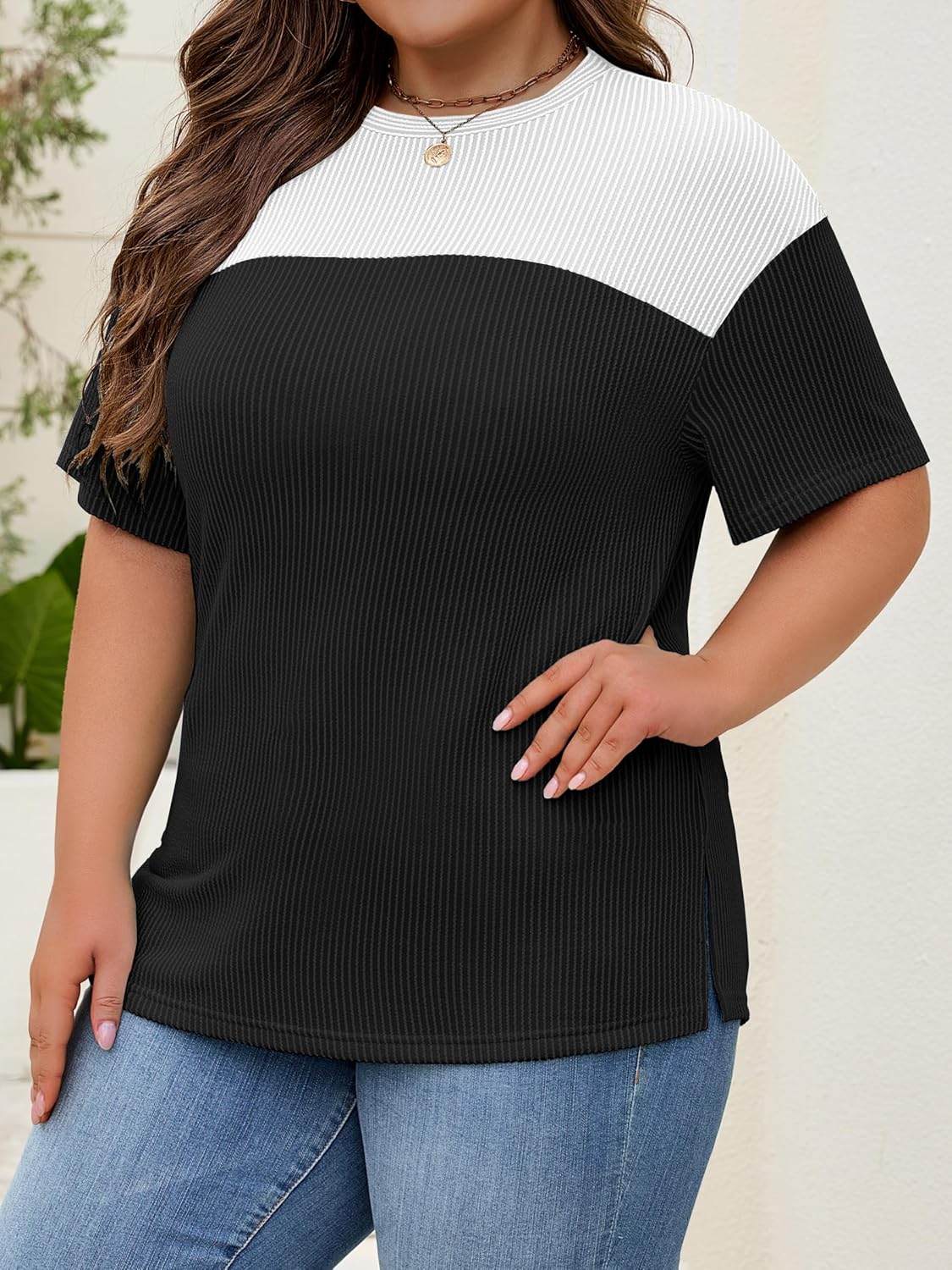 Womens Plus Size Short Sleeve Color Block Pullover Tunic Tops