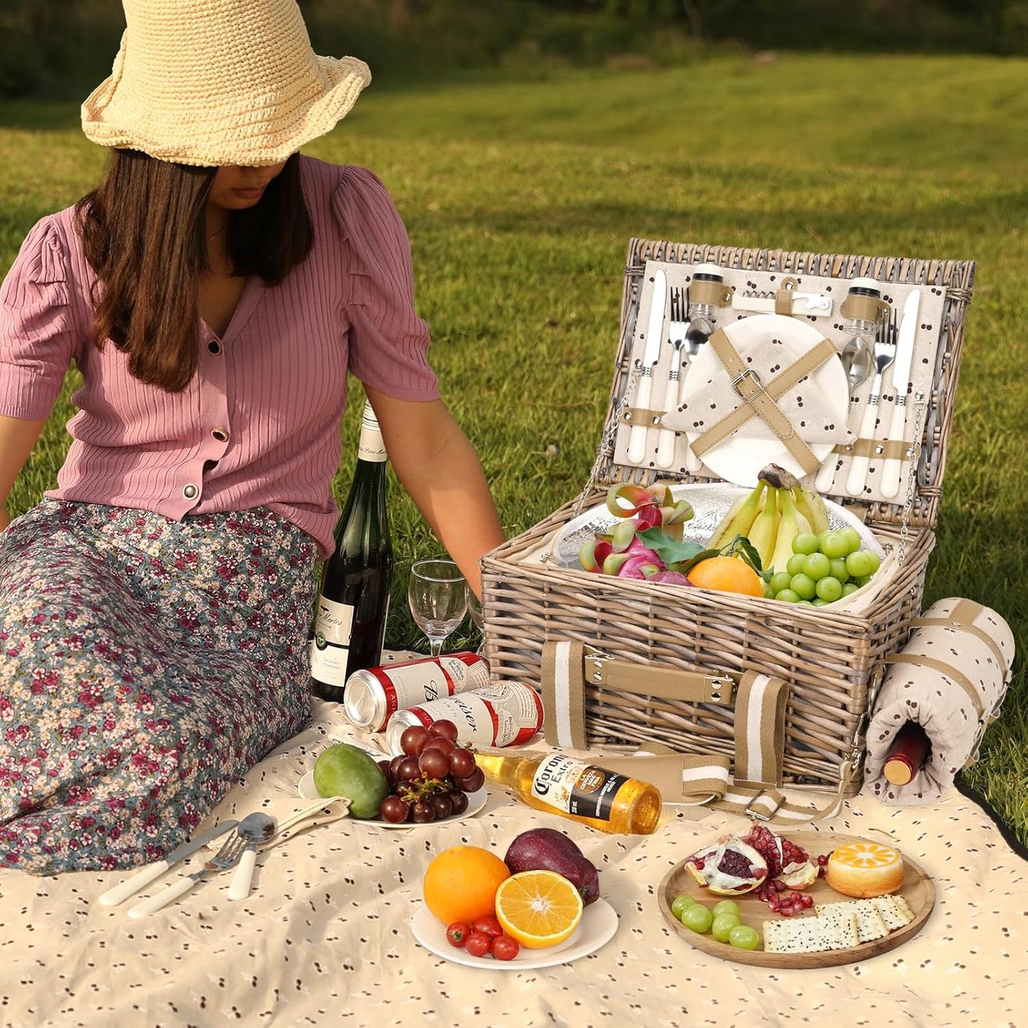 19Pcs Picnic Basket for 2 with Blanket