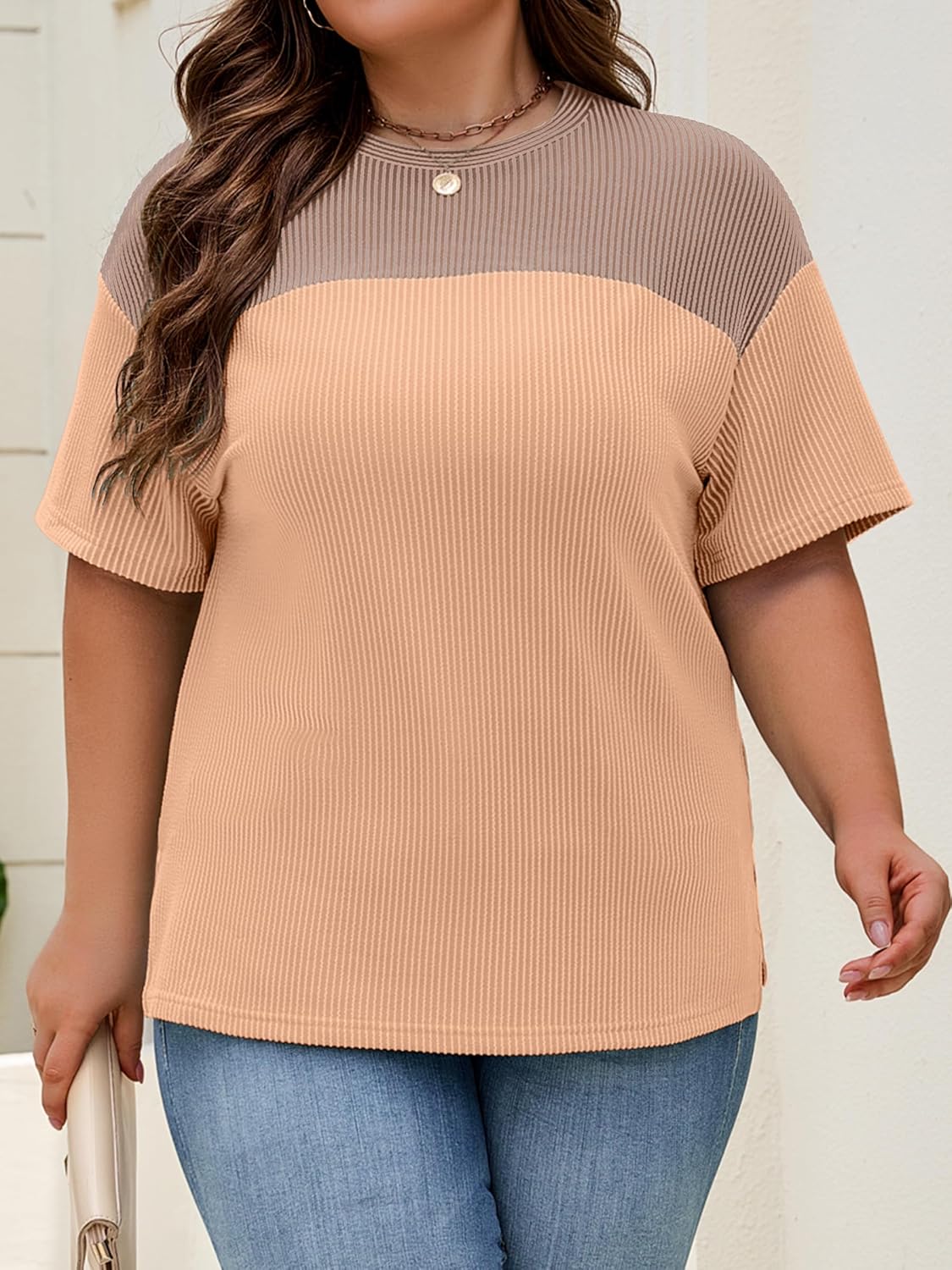 Womens Plus Size Short Sleeve Color Block Pullover Tunic Tops