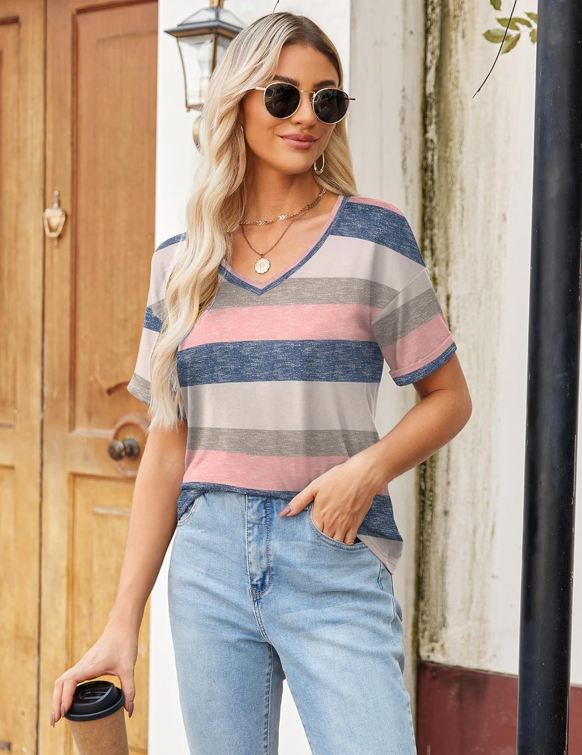 Short Sleeve Casual Shirts Floral Tee Basics V Neck Plain T-shirt