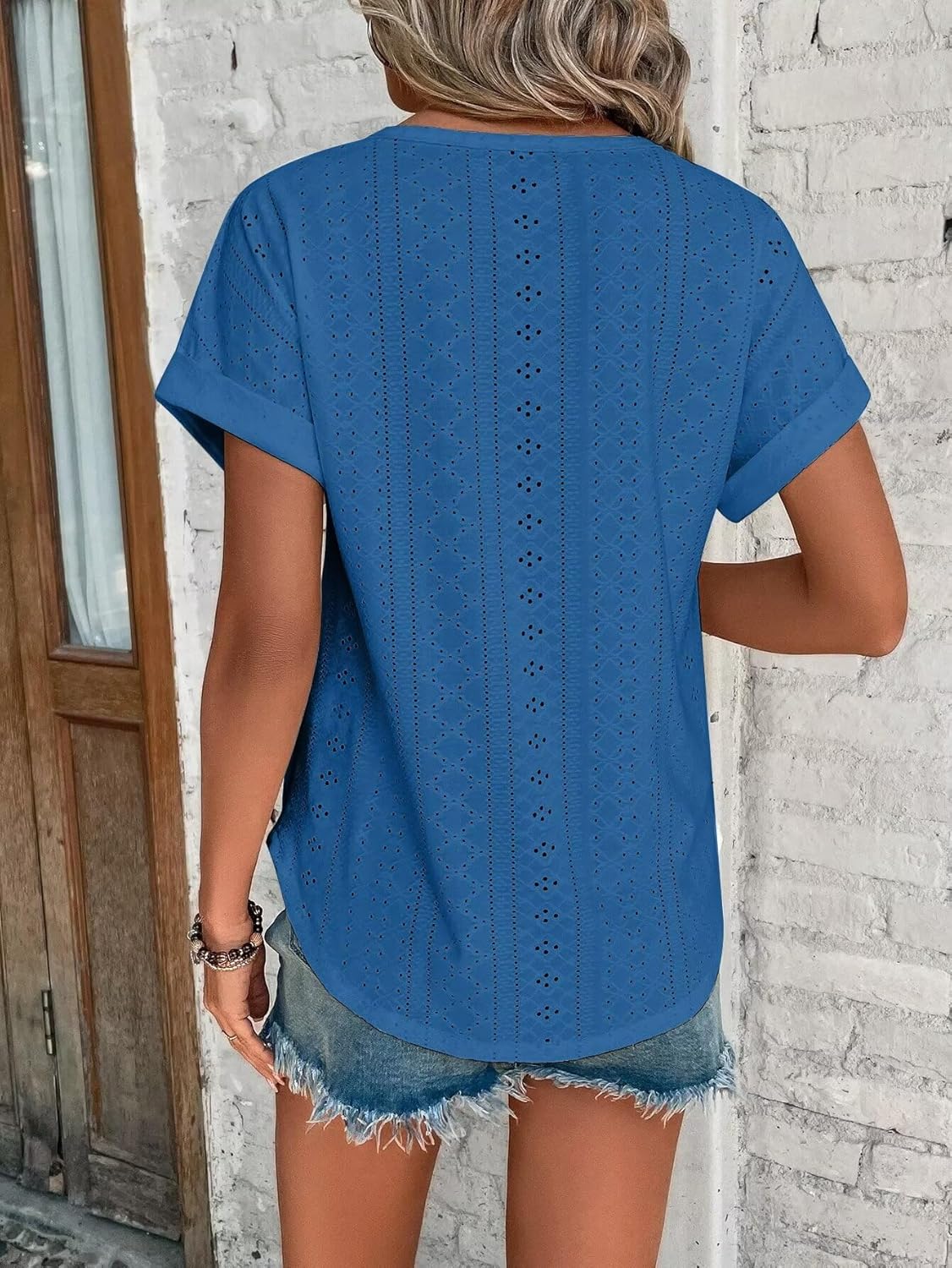 Womens Tops Eyelet Embroidery Summer Spring Curved Hem Short Sleeve Trendy T Shirts