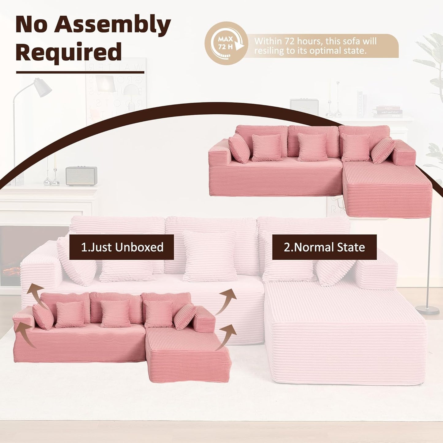 107" Boneless Couch with Deep Seat Cloud Sectional Couch for Living Room