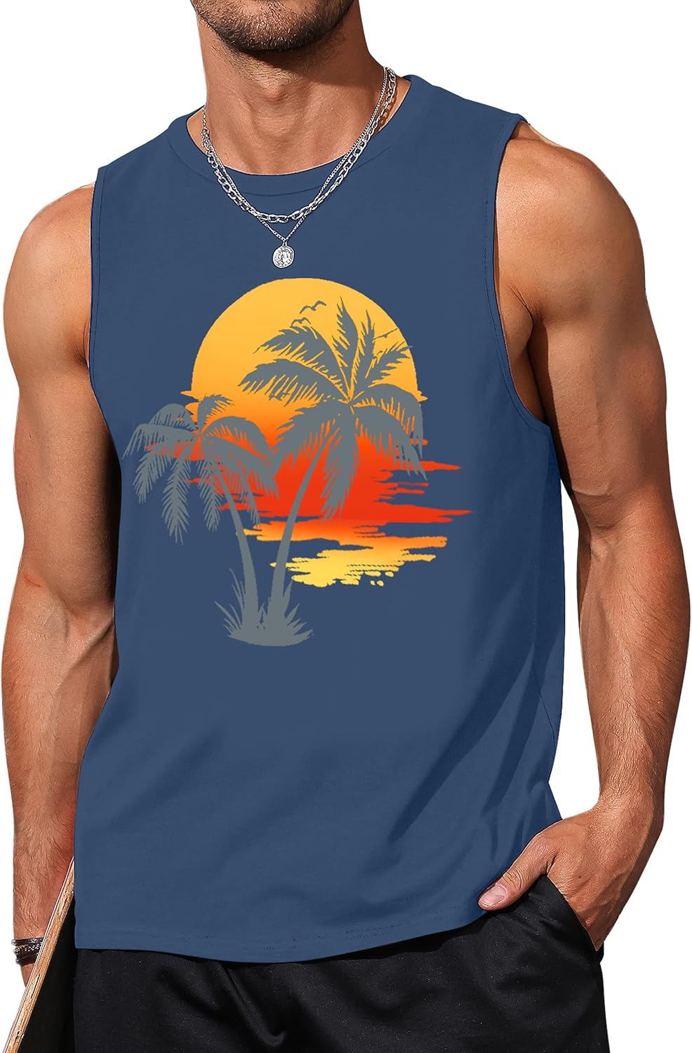 Mens Tank Tops Beach Summer Sleeveless Shirts Graphic Palm Tree Vacation