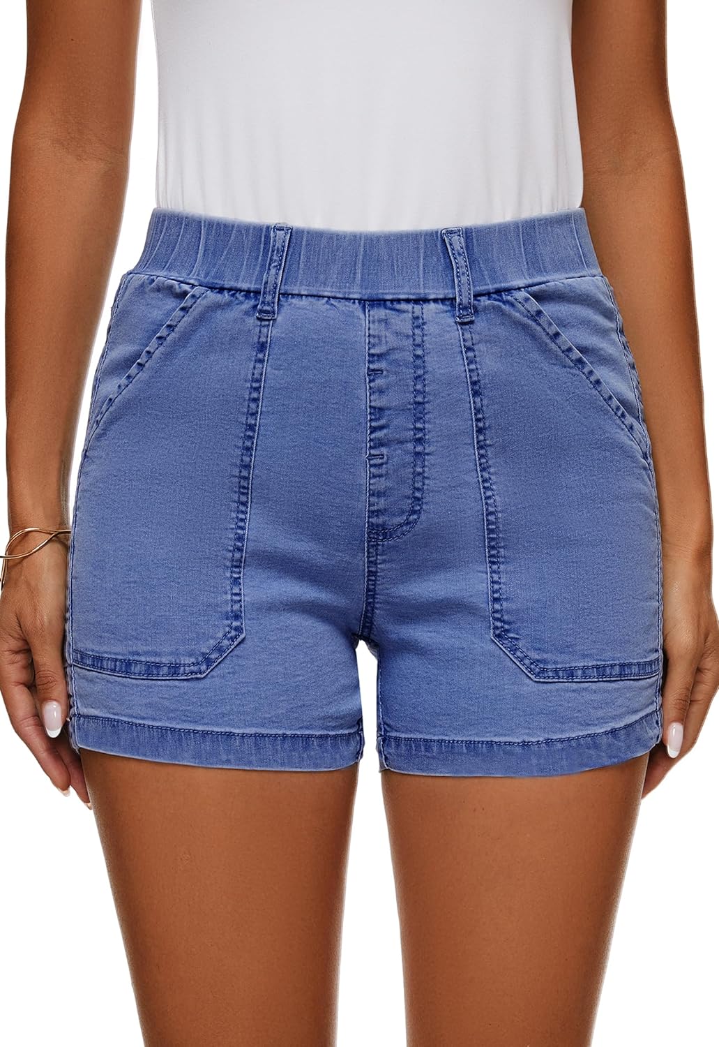 Womens Jean Shorts High Waisted Summer Cotton Elastic Waist Denim Shorts with Pockets