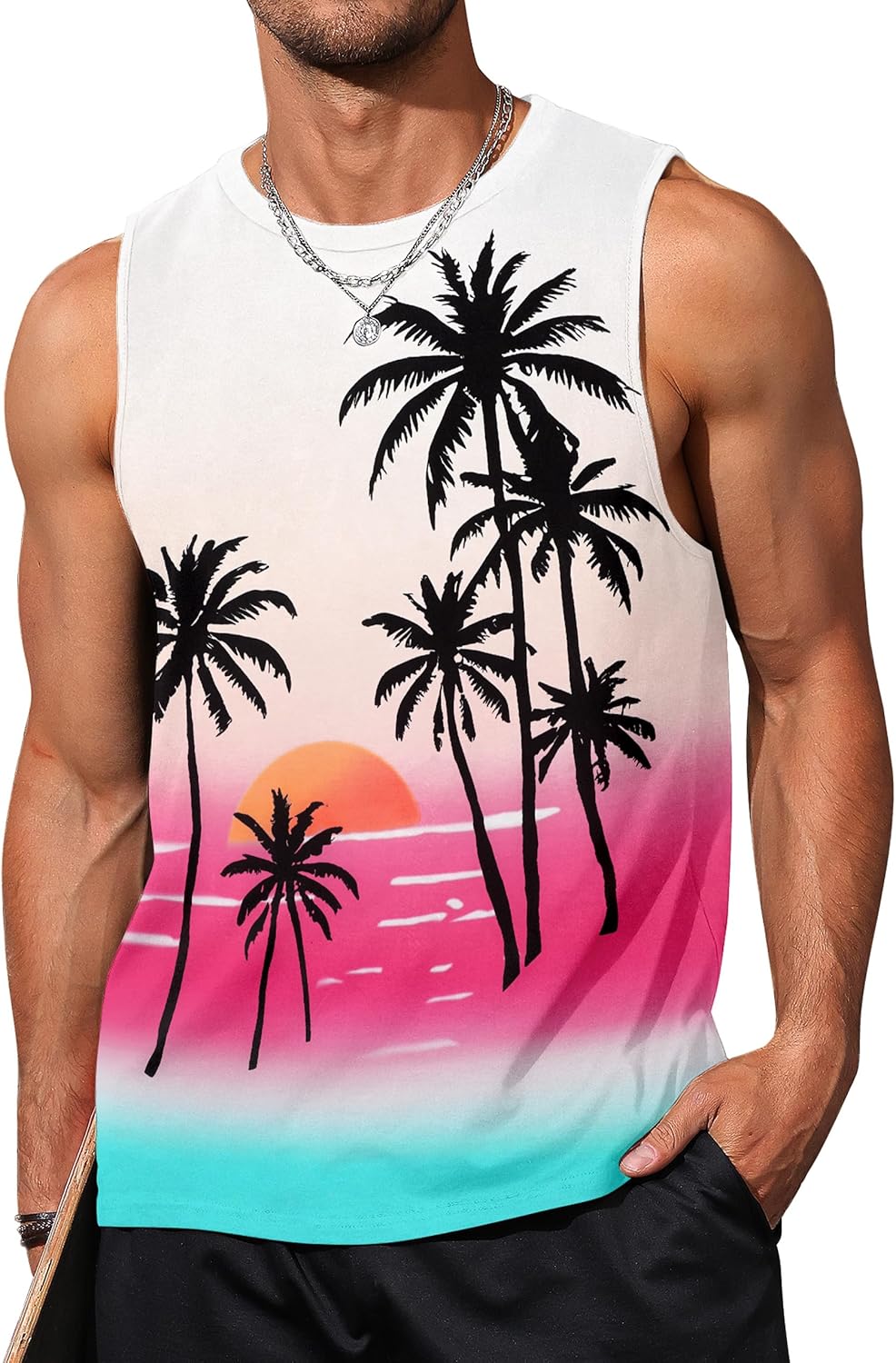 Mens Tank Tops Beach Summer Sleeveless Shirts Graphic Palm Tree Vacation