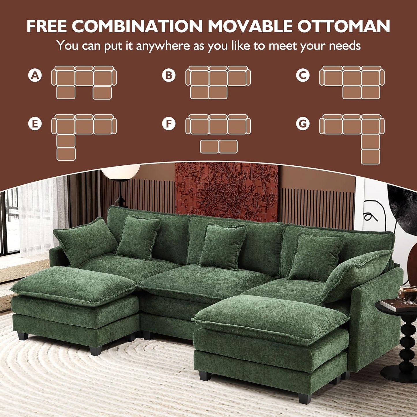 146" U-Shaped Modern Sofa Modular Sectional Cloud Couch