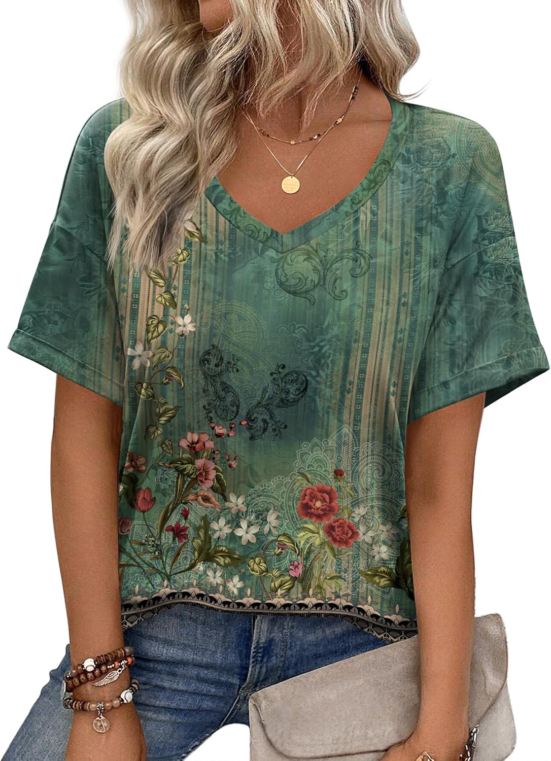 Short Sleeve Casual Shirts Floral Tee Basics V Neck Plain T-shirt