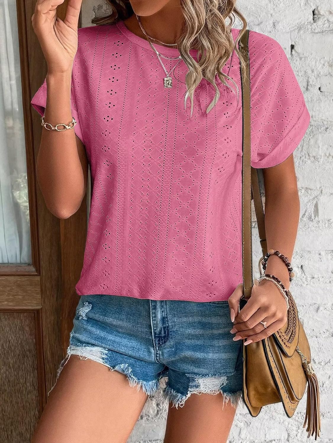Womens Tops Eyelet Embroidery Summer Spring Curved Hem Short Sleeve Trendy T Shirts