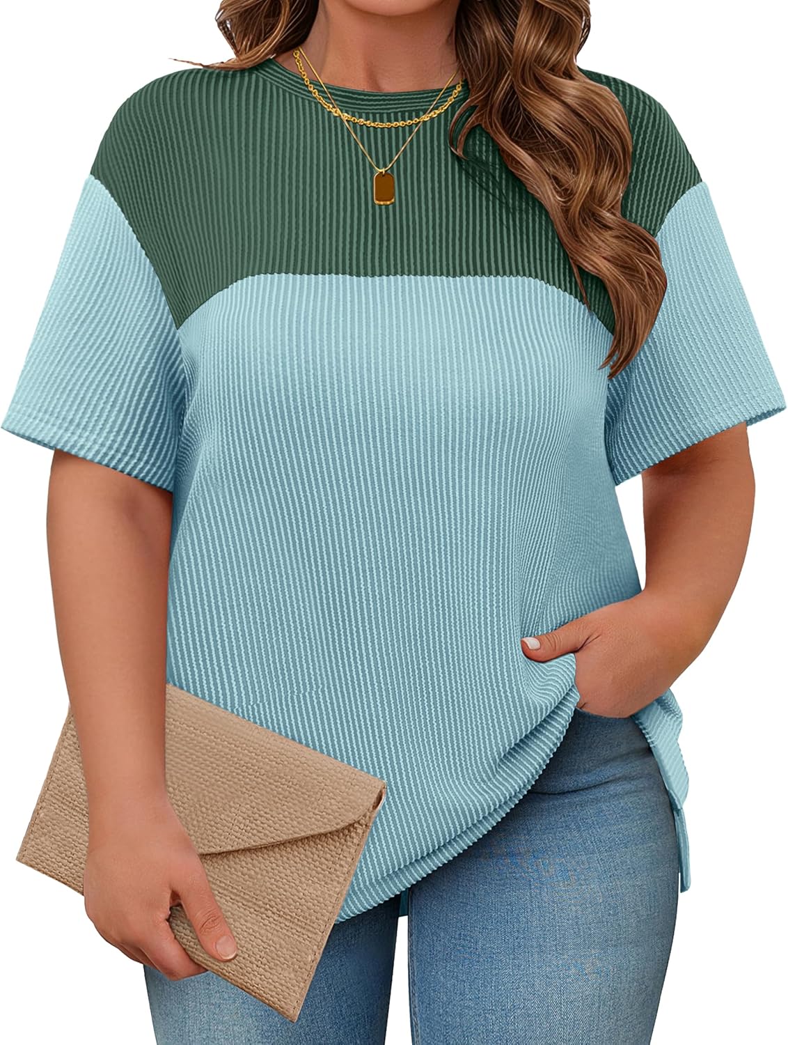 Womens Plus Size Short Sleeve Color Block Pullover Tunic Tops