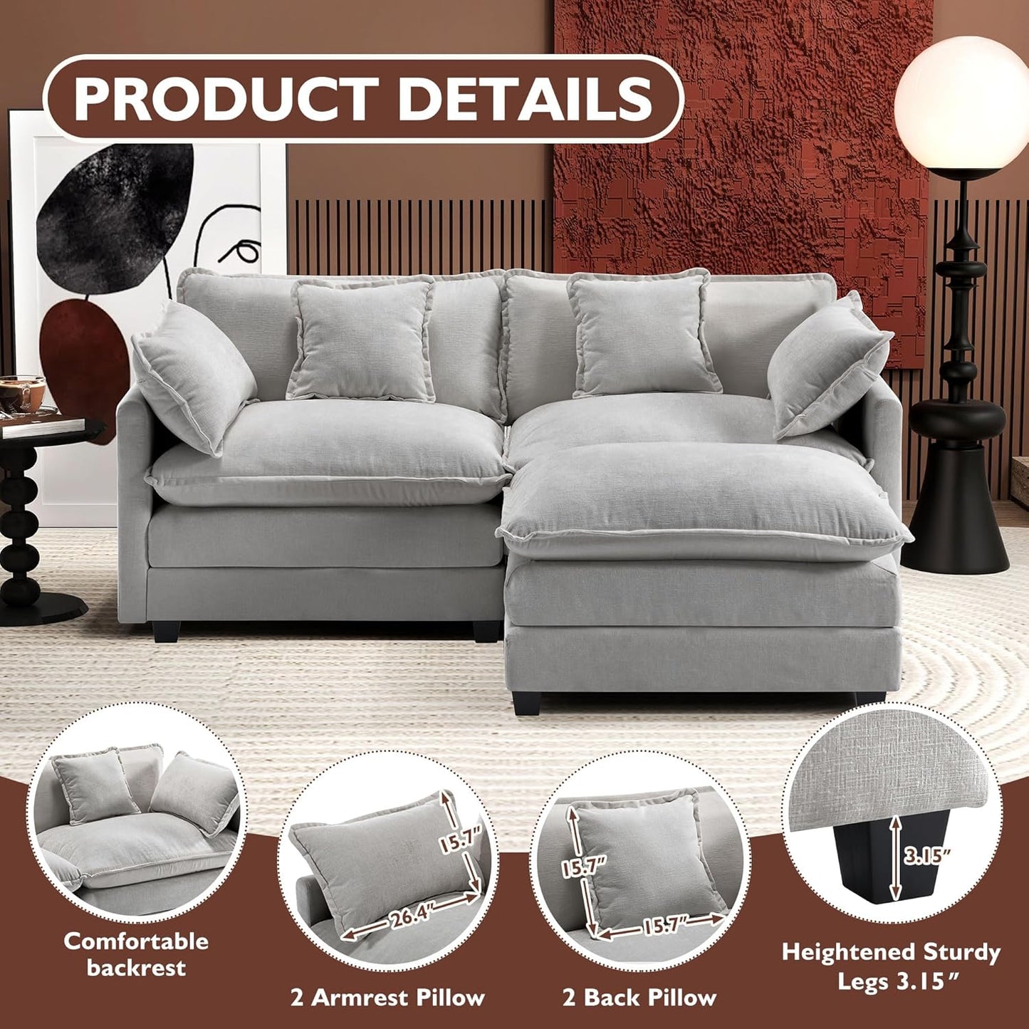 146" U-Shaped Modern Sofa Modular Sectional Cloud Couch