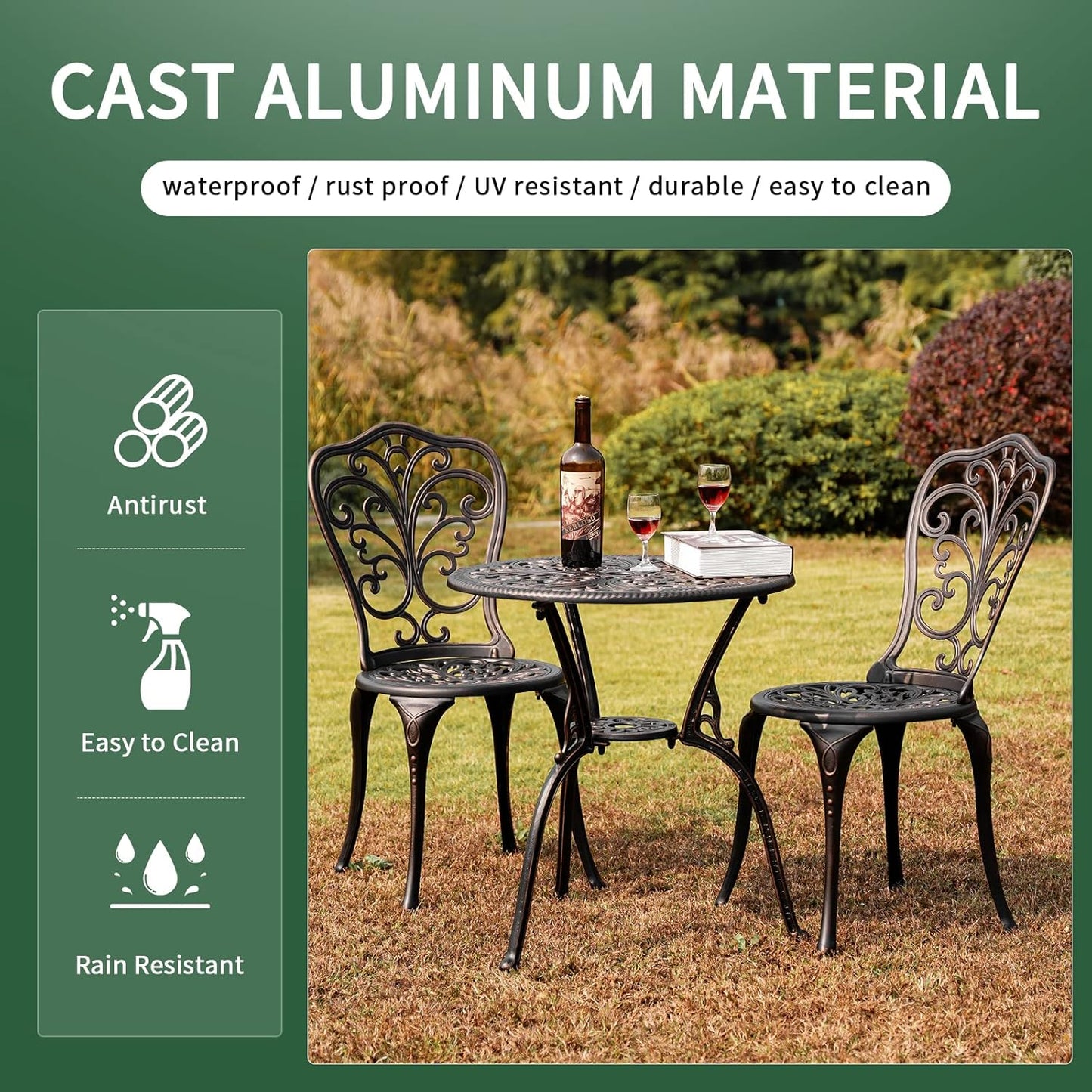 Patio Bistro Set 3 Piece Outdoor Cast Aluminum Outdoor Bistro Table
