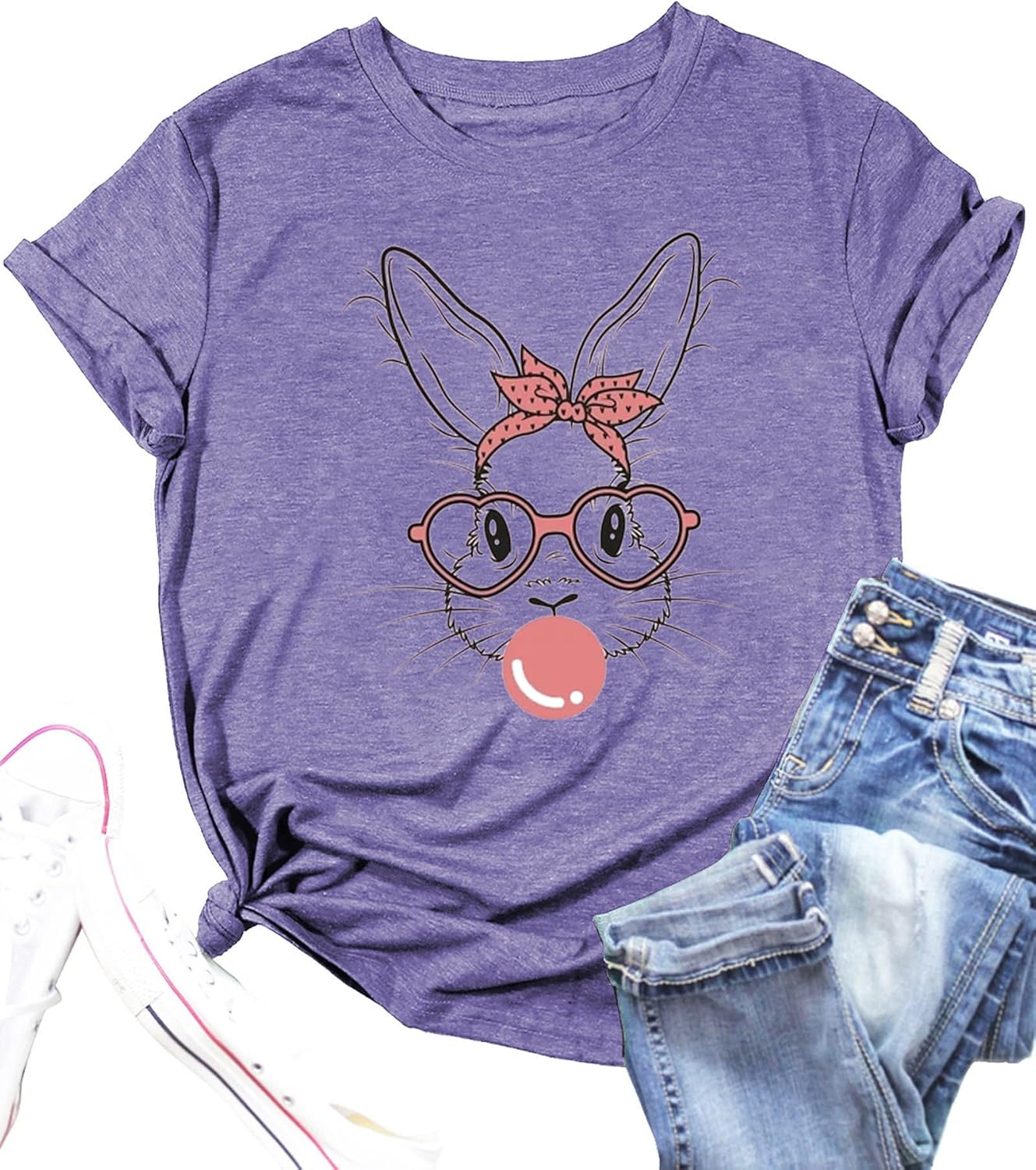 Funny Bunny Print T Shirt for Women Cute Grapic Leopard Shirts Family Blouse Gifts Easter Tops Tee