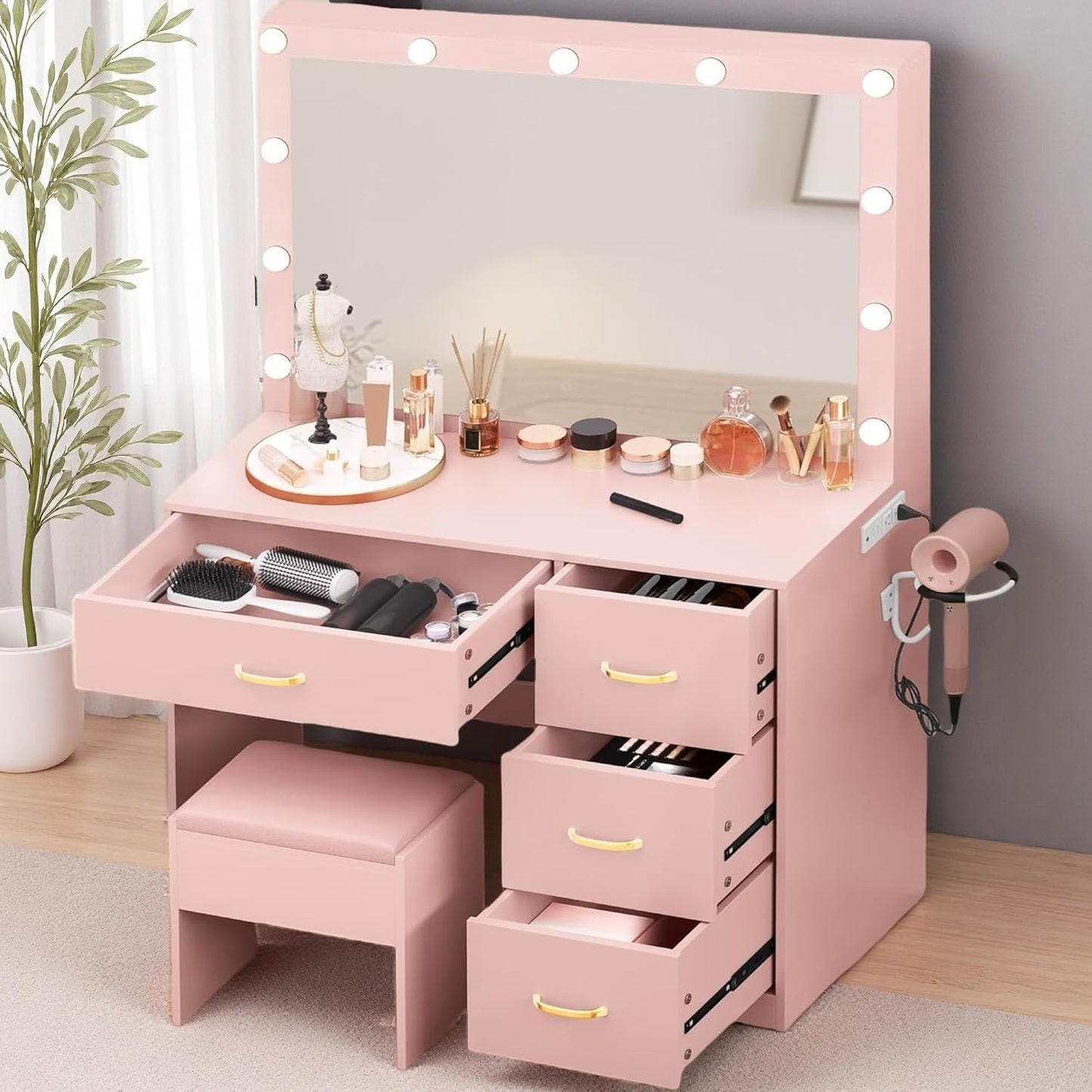 YITAHOME Vanity Desk Set with Large 35" LED Mirror and Lights