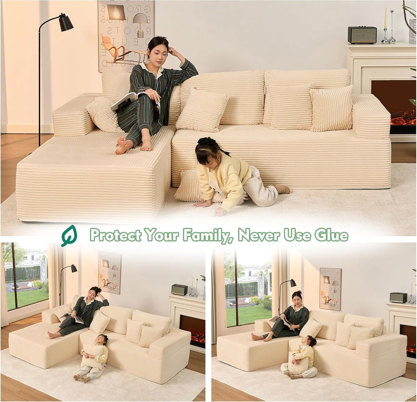 107" Boneless Couch with Deep Seat Cloud Sectional Couch for Living Room