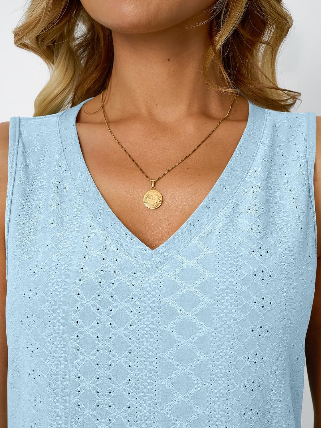 Womens Summer Tank Top Eyelet Embroidery V Neck Sleeveless Loose Fit Casual Shirt