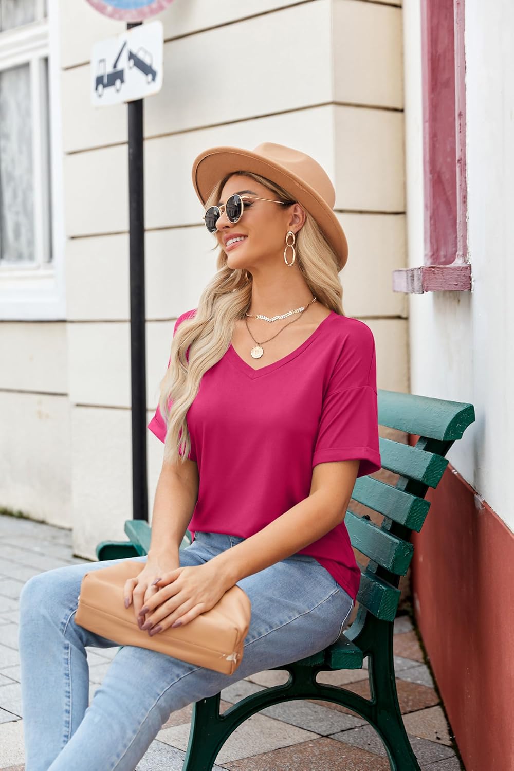 Short Sleeve Casual Shirts Floral Tee Basics V Neck Plain T-shirt