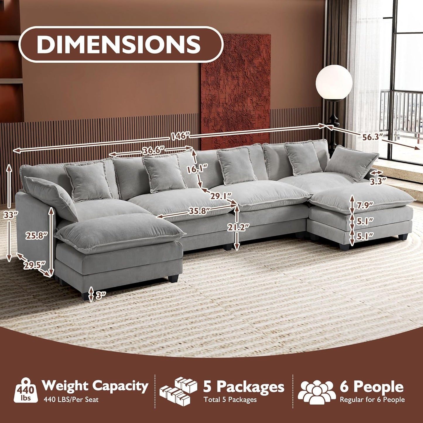 146" U-Shaped Modern Sofa Modular Sectional Cloud Couch