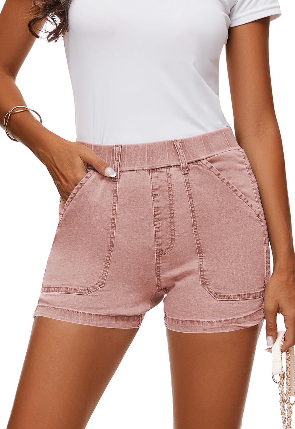 Womens Jean Shorts High Waisted Summer Cotton Elastic Waist Denim Shorts with Pockets
