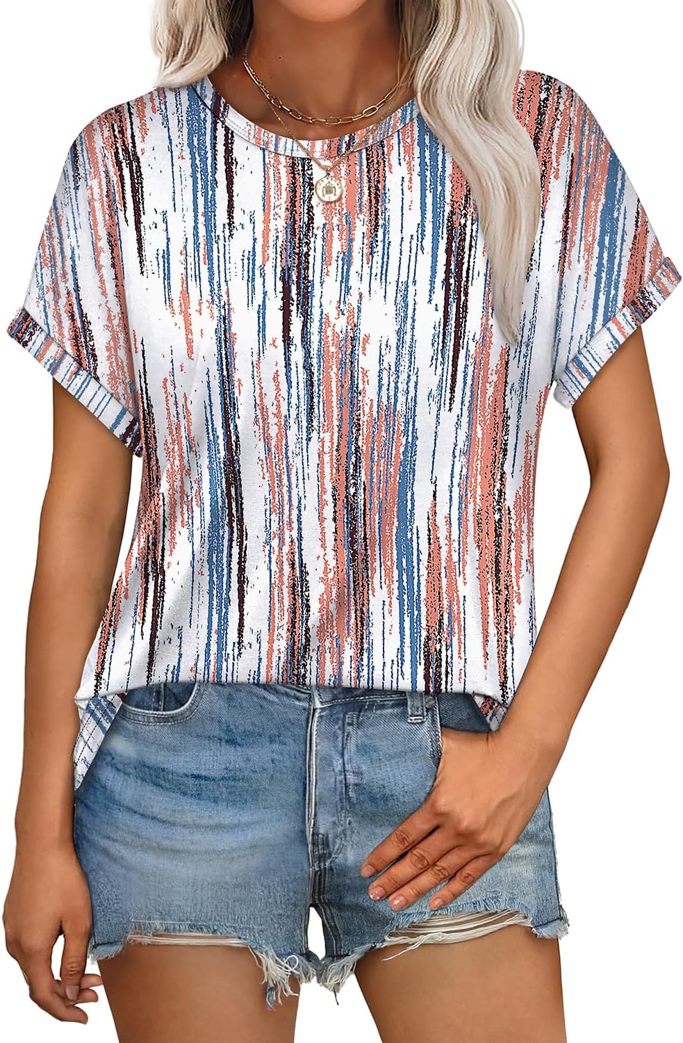 Womens T Shirts Crew Neck Rolled Short Sleeve Basic Summer Tees Curved Hem