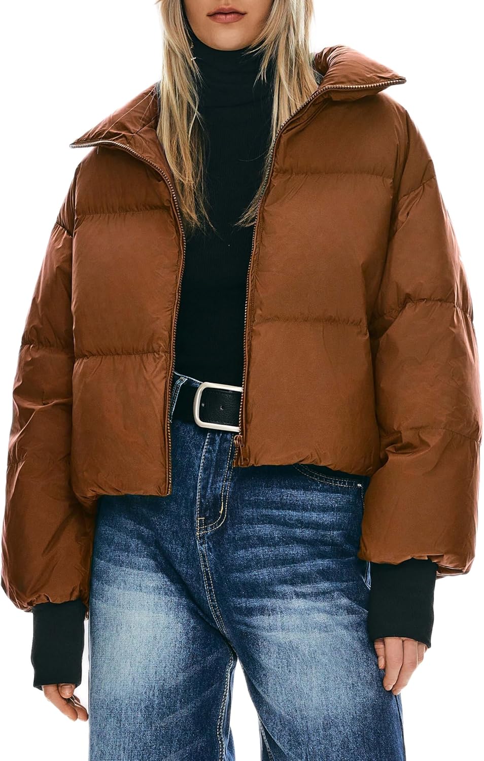 Womens Winter Oversized Cropped Puffer Jacket Zip Up Short Down Coat