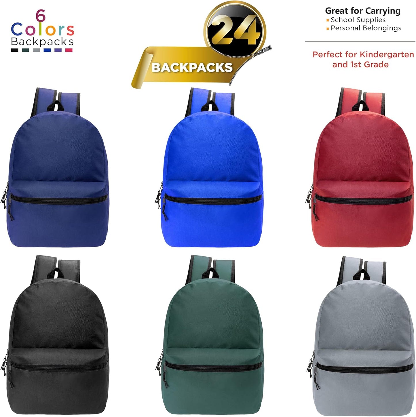 24 Pack 15 Inch Kids Backpacks in Bulk 12 Assorted Colors
